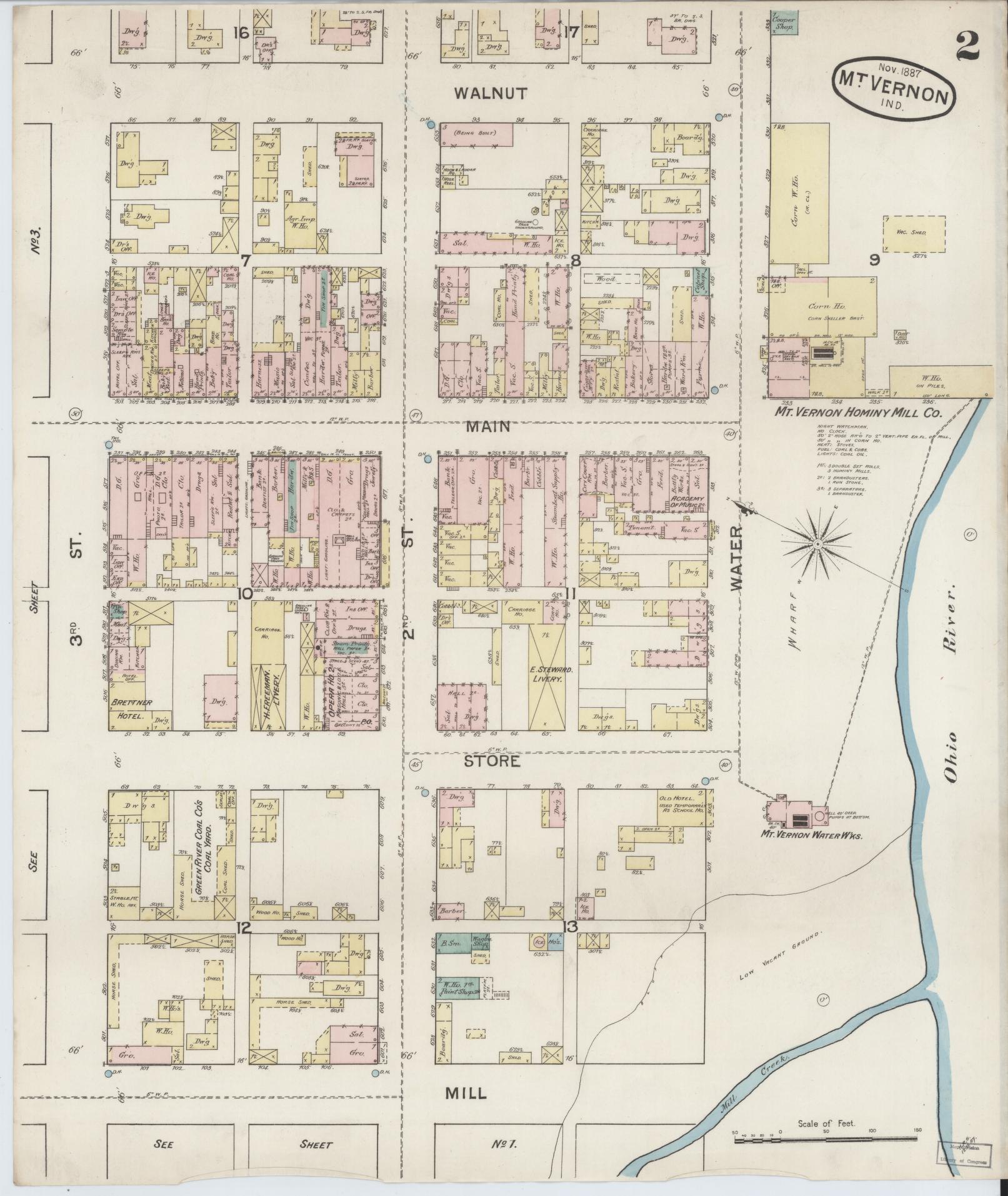Sanborn Fire Insurance Map from Mount Vernon, Posey County, Indiana (1887), Sheet #0002 - Historic Sanborn Fire Insurance Map Print, vintage old map wall art, antique decor, genealogy gift, Indiana Indiana map