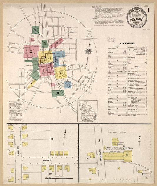 Sanborn Fire Insurance Map from Pelham, Mitchell County, Georgia (1913), Sheet #0001 - Historic Sanborn Fire Insurance Map Print, vintage old map wall art, antique decor, genealogy gift, Georgia Georgia map