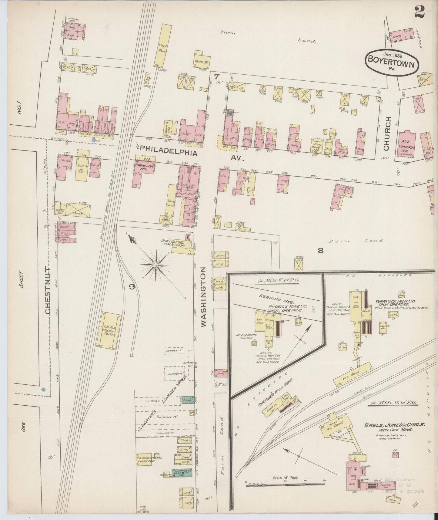Sanborn Fire Insurance Map from Boyertown, Berks County, Pennsylvania (1886), Sheet #0002 - Historic Sanborn Fire Insurance Map Print, vintage old map wall art, antique decor, genealogy gift, Pennsylvania Pennsylvania map