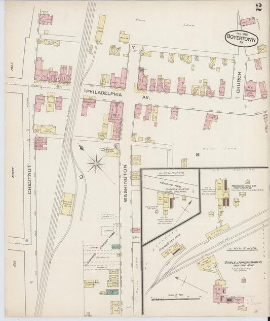 Sanborn Fire Insurance Map from Boyertown, Berks County, Pennsylvania (1886), Sheet #0002 - Historic Sanborn Fire Insurance Map Print, vintage old map wall art, antique decor, genealogy gift, Pennsylvania Pennsylvania map