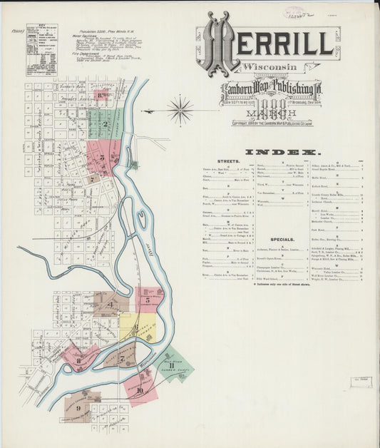 Sanborn Fire Insurance Map from Merrill, Lincoln County, Wisconsin (1888), Sheet #0001 - Historic Sanborn Fire Insurance Map Print, vintage old map wall art, antique decor, genealogy gift, Wisconsin Wisconsin map