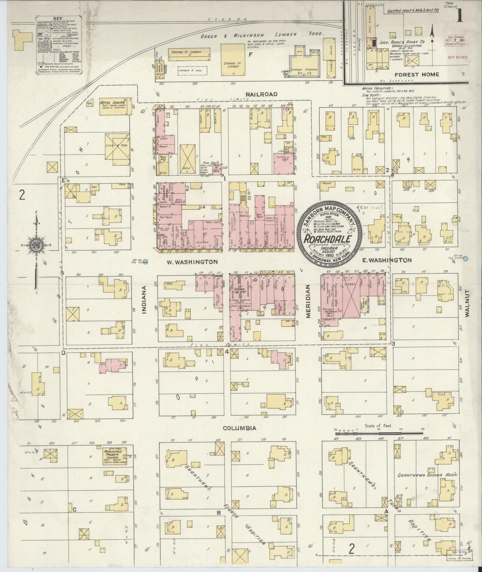 Sanborn Fire Insurance Map from Roachdale, Putnam County, Indiana (1910), Sheet #0001 - Complete Map Set gallery image, historic Sanborn map, vintage wall art, Indiana Indiana