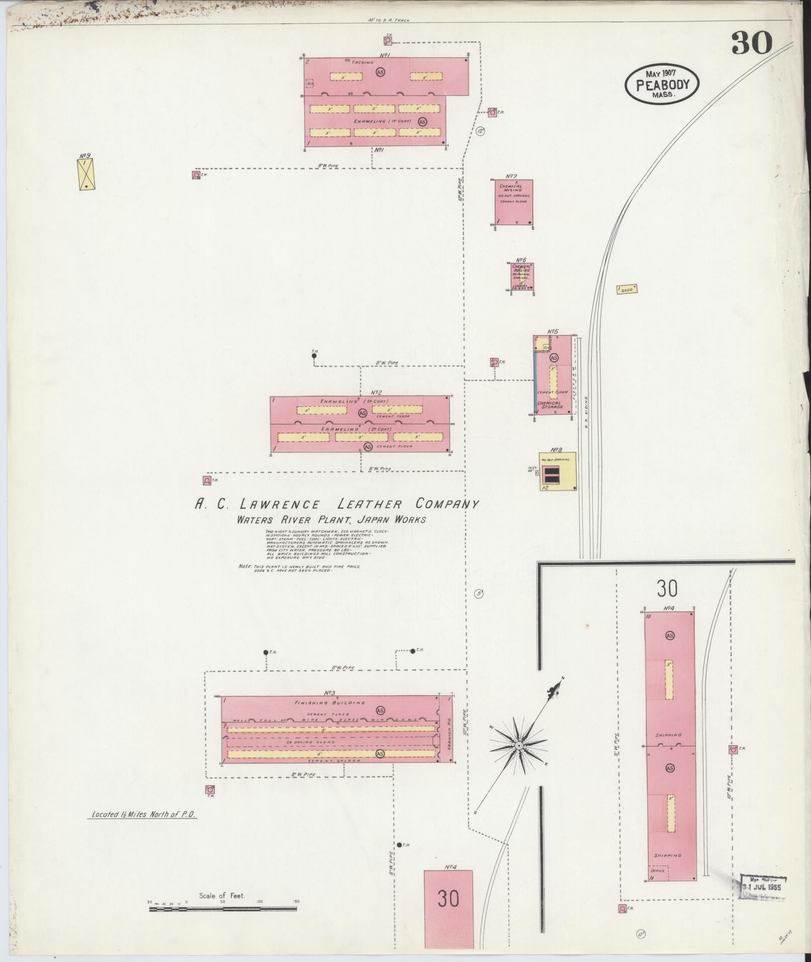 Sanborn Fire Insurance Map from Peabody, Essex County, Massachusetts (1907), Sheet #0030 - Historic Sanborn Fire Insurance Map Print, vintage old map wall art, antique decor, genealogy gift, Massachusetts Massachusetts map