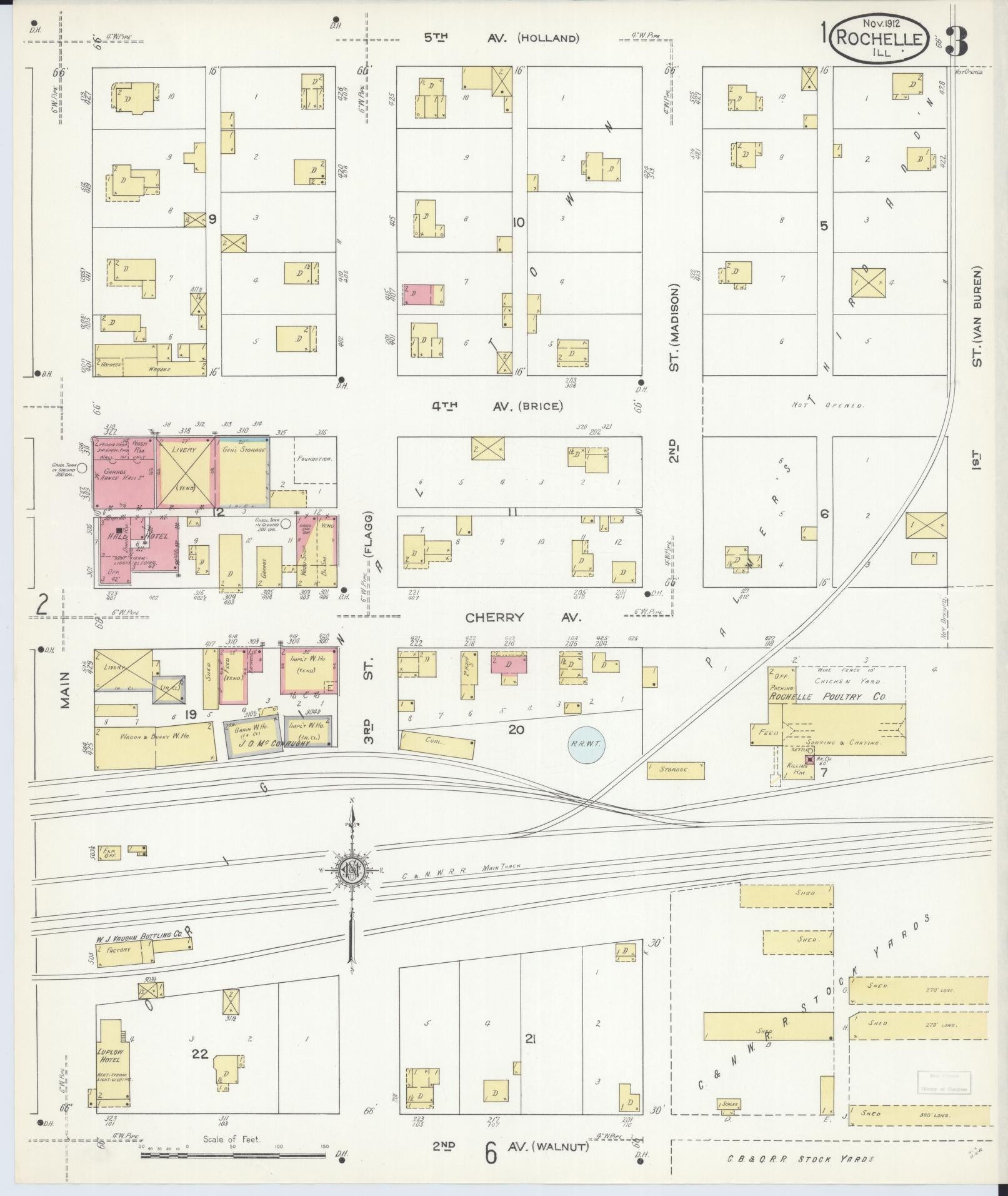 Sanborn Fire Insurance Map from Rochelle, Ogle County, Illinois (1912), Sheet #0003 - Historic Sanborn Fire Insurance Map Print, vintage old map wall art, antique decor, genealogy gift, Illinois Illinois map