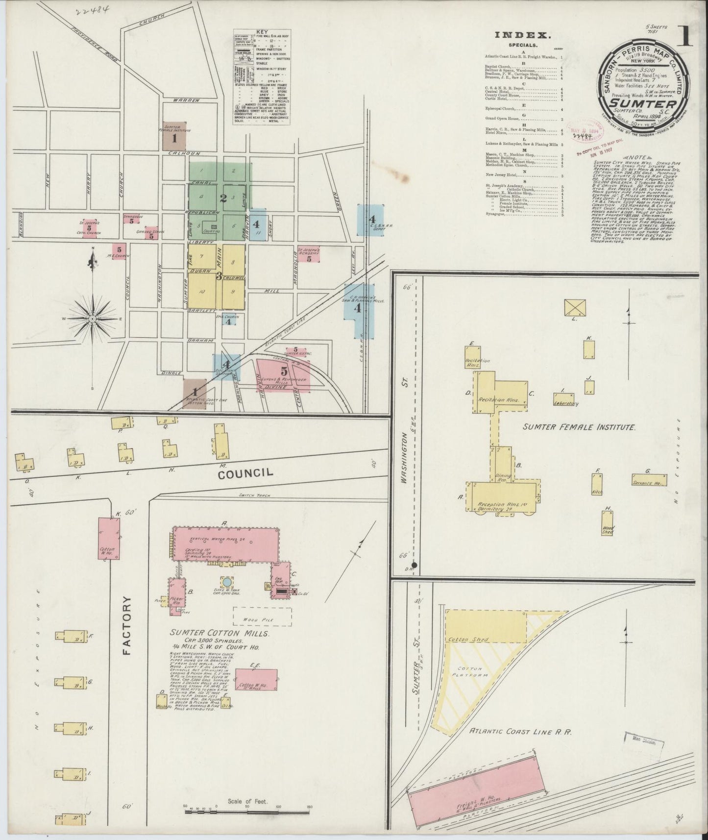 Sanborn Fire Insurance Map from Sumter, Sumter County, South Carolina (1894), Sheet #0001 - Complete Map Set gallery image, historic Sanborn map, vintage wall art, South Carolina South Carolina