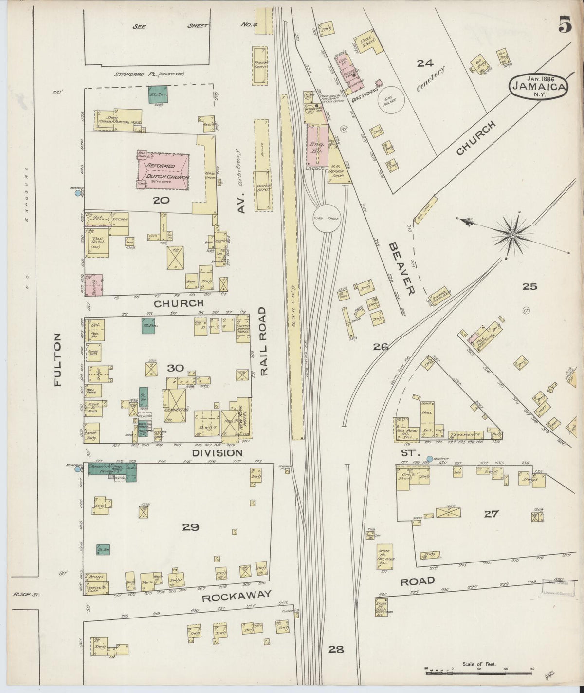 Sanborn Fire Insurance Map from Jamaica, Queens County, New York (1886), Sheet #0005 - Complete Map Set gallery image, historic Sanborn map, vintage wall art, New York New York