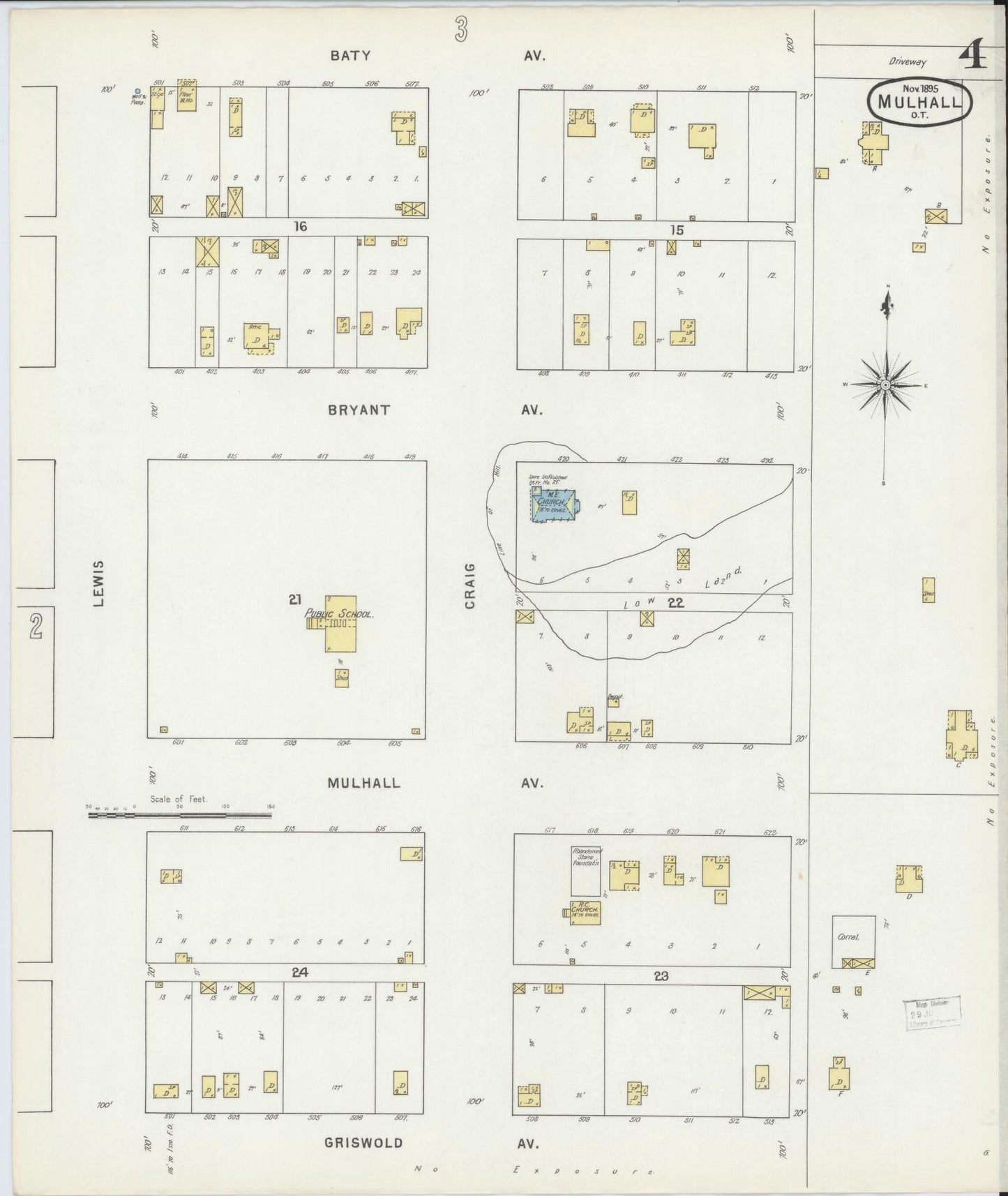 Sanborn Fire Insurance Map from Mulhall, Logan County, Oklahoma (1895), Sheet #0004 - Historic Sanborn Fire Insurance Map Print, vintage old map wall art, antique decor, genealogy gift, Oklahoma Oklahoma map
