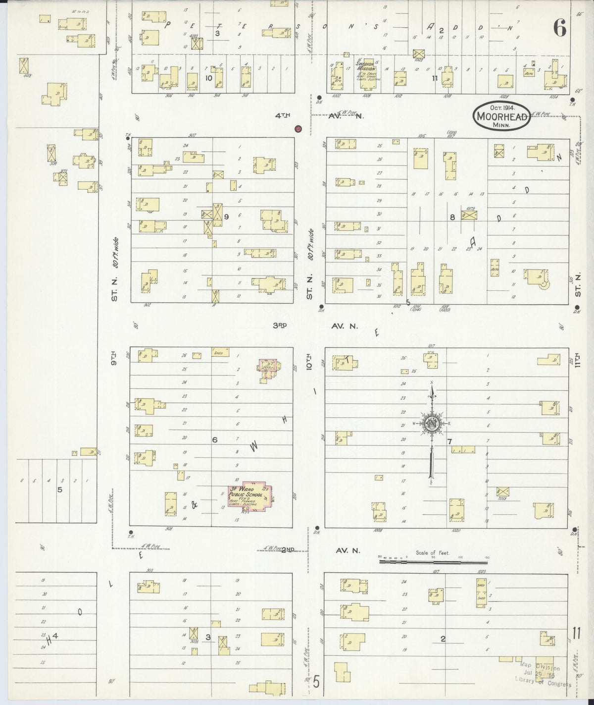 Sanborn Fire Insurance Map from Moorhead, Clay County, Minnesota (1914), Sheet #0006 - Historic Sanborn Fire Insurance Map Print, vintage old map wall art, antique decor, genealogy gift, Minnesota Minnesota map