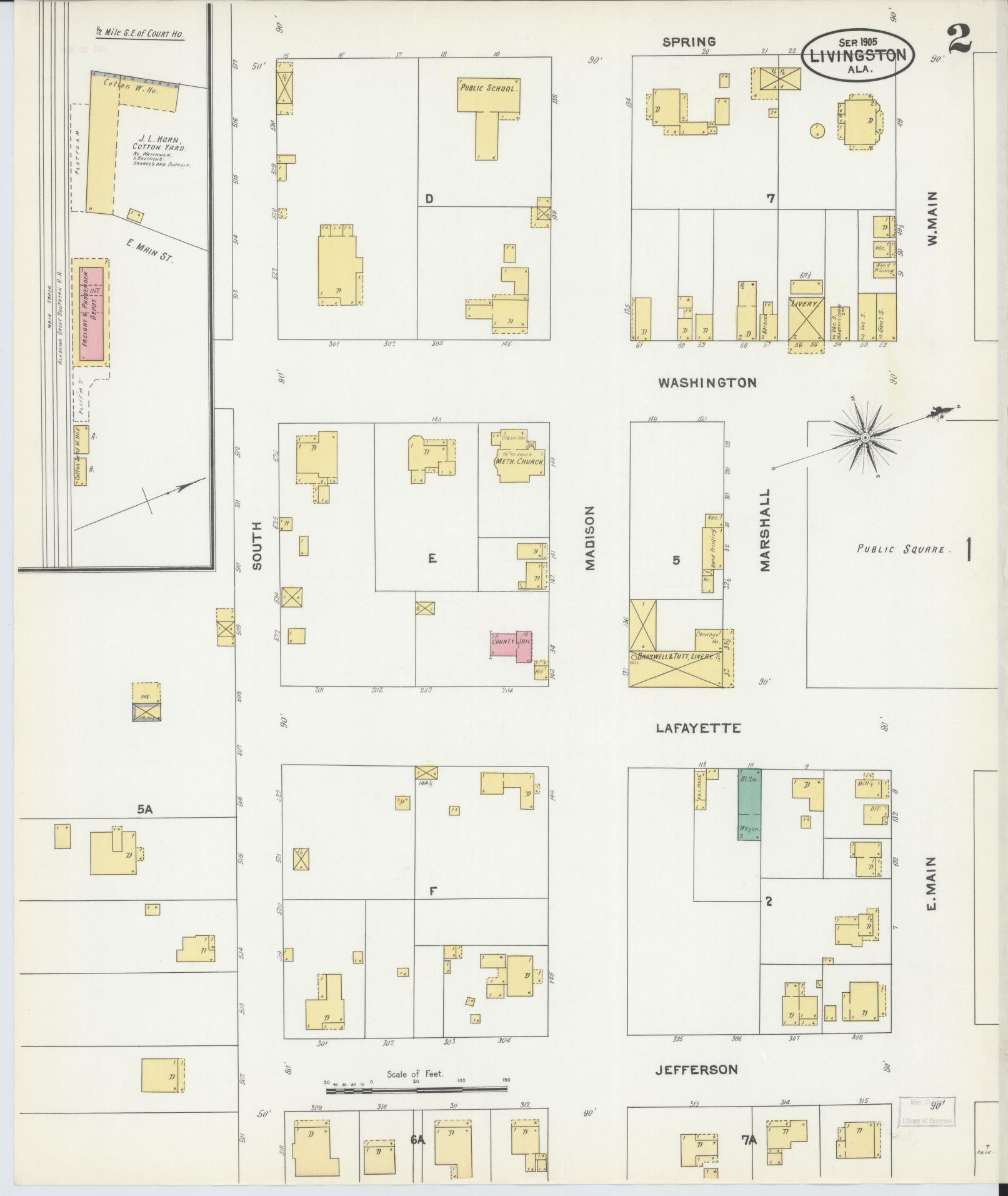 Sanborn Fire Insurance Map from Livingston, Sumter County, Alabama (1905), Sheet #0002 - Complete Map Set gallery image, historic Sanborn map, vintage wall art, Alabama Alabama