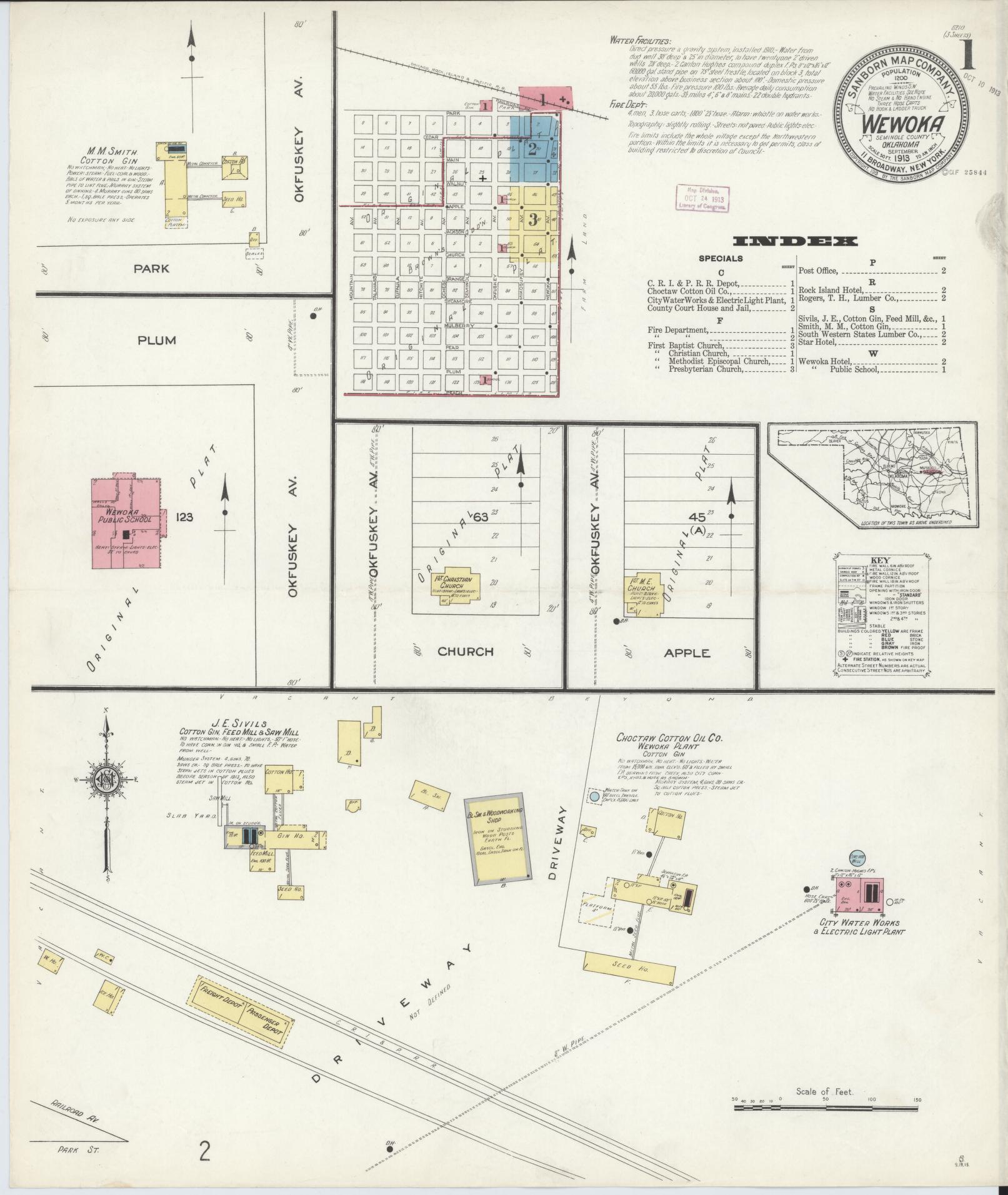 Sanborn Fire Insurance Map from Wewoka, Seminole County, Oklahoma (1913), Sheet #0001 - Complete Map Set gallery image, historic Sanborn map, vintage wall art, Oklahoma Oklahoma