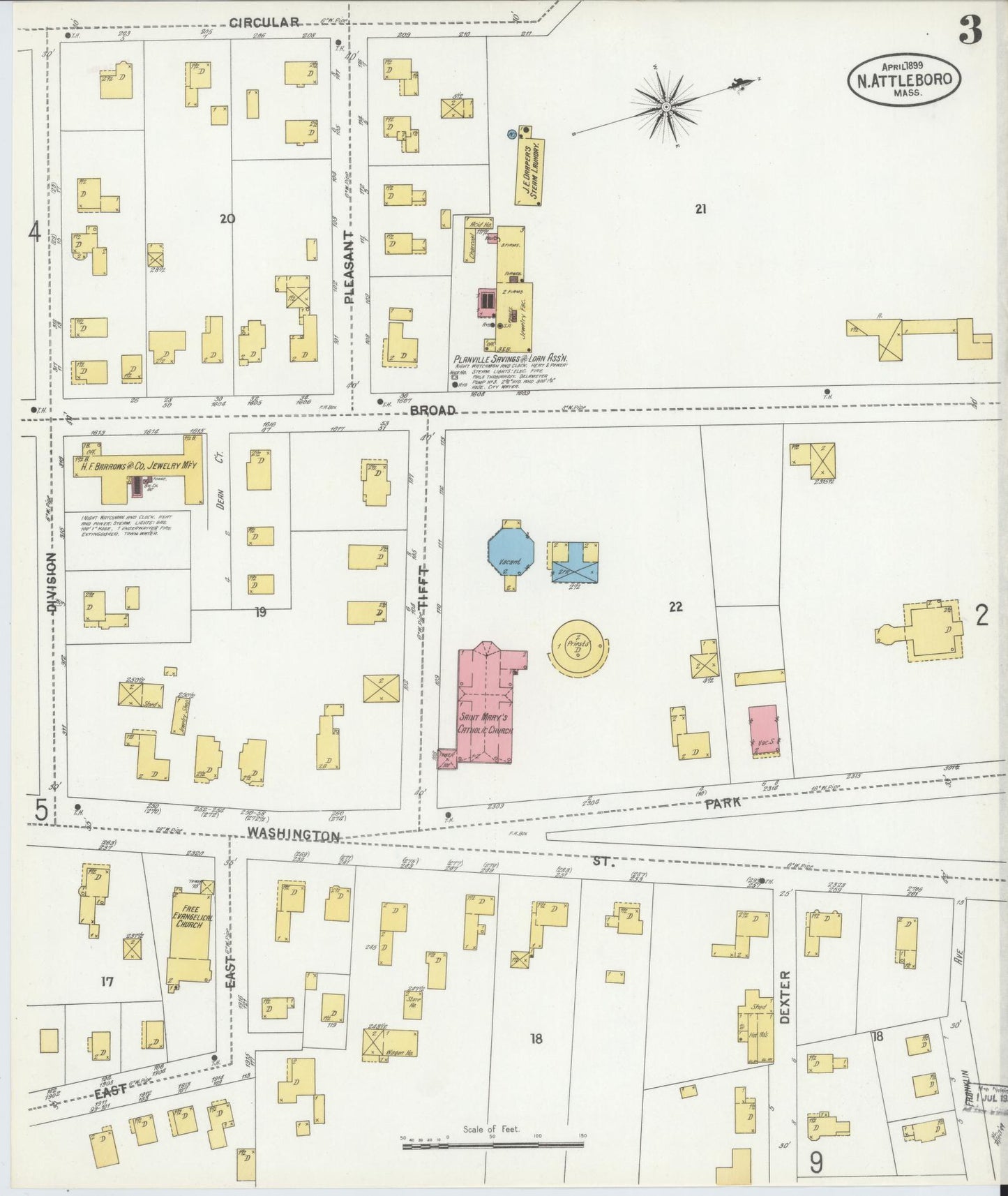 Sanborn Fire Insurance Map from North Attleborough, Bristol County, Massachusetts (1899), Sheet #0003 - Complete Map Set gallery image, historic Sanborn map, vintage wall art, Massachusetts Massachusetts