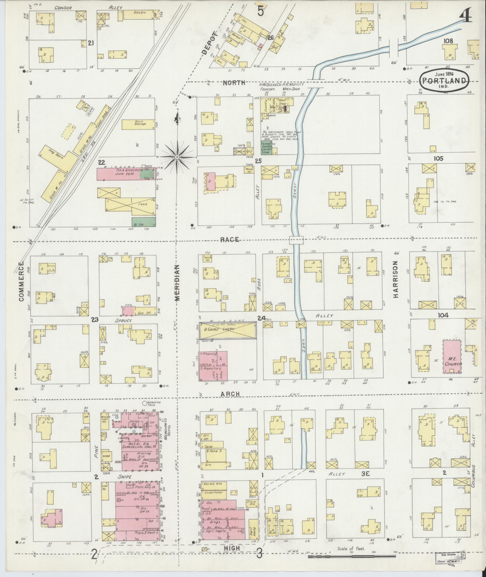 Sanborn Fire Insurance Map from Portland, Jay County, Indiana (1896), Sheet #0004 - Complete Map Set gallery image, historic Sanborn map, vintage wall art, Indiana Indiana