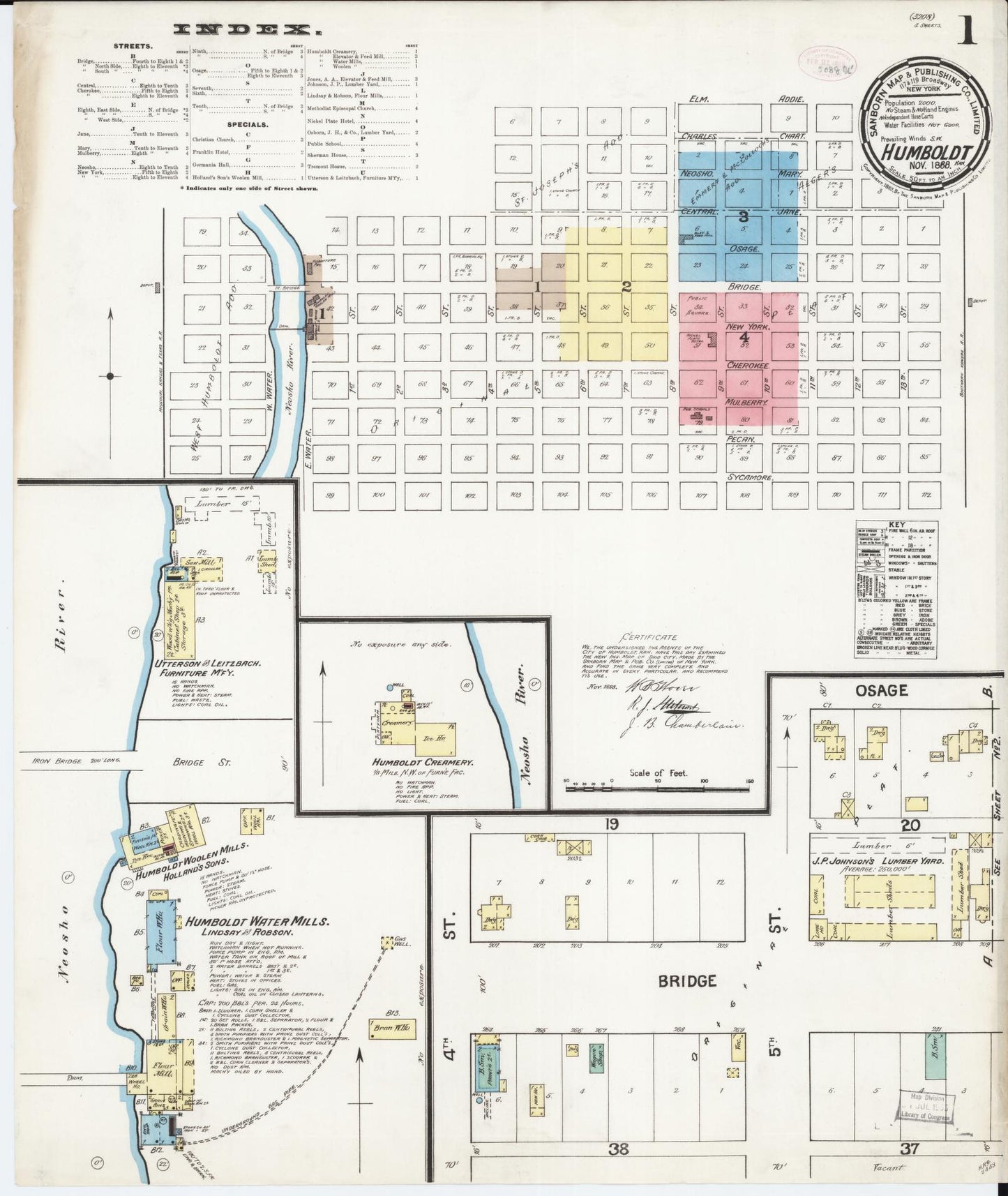 Sanborn Fire Insurance Map from Humboldt, Allen County, Kansas (1888), Sheet #0001 - Complete Map Set gallery image, historic Sanborn map, vintage wall art, Kansas Kansas