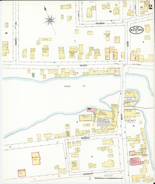 Sanborn Fire Insurance Map from Richford, Franklin County, Vermont (1904), Sheet #0002 - Historic Sanborn Fire Insurance Map Print, vintage old map wall art, antique decor, genealogy gift, Vermont Vermont map