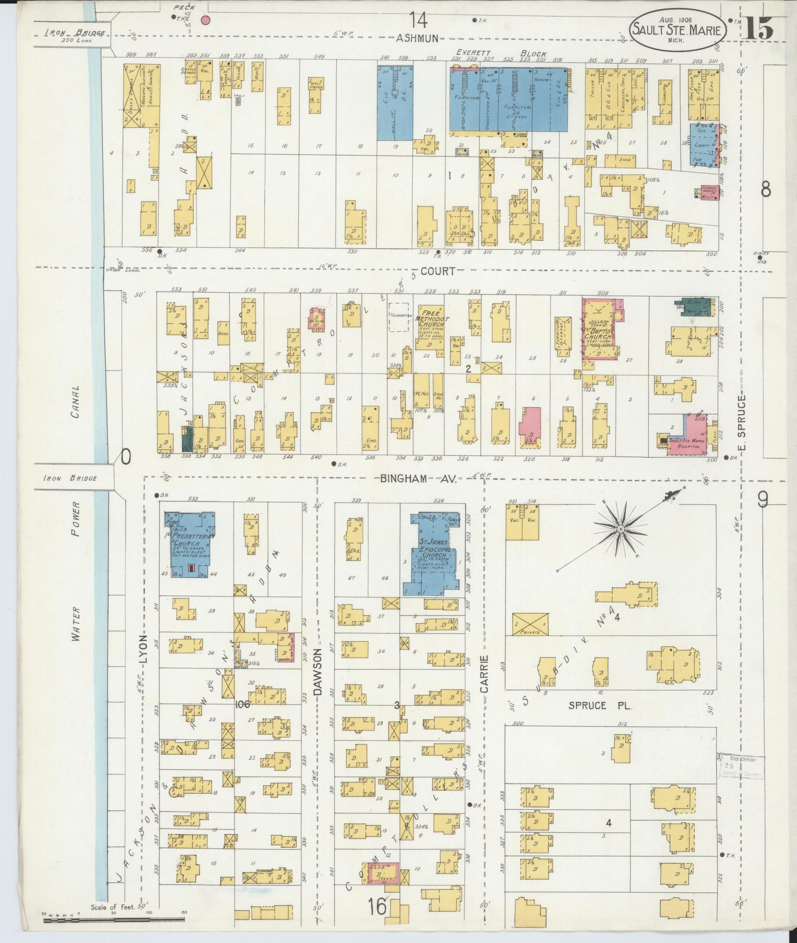 Sanborn Fire Insurance Map from Sault Sainte Marie, Chippewa County, Michigan (1906), Sheet #0015 - Complete Map Set gallery image, historic Sanborn map, vintage wall art, Michigan Michigan