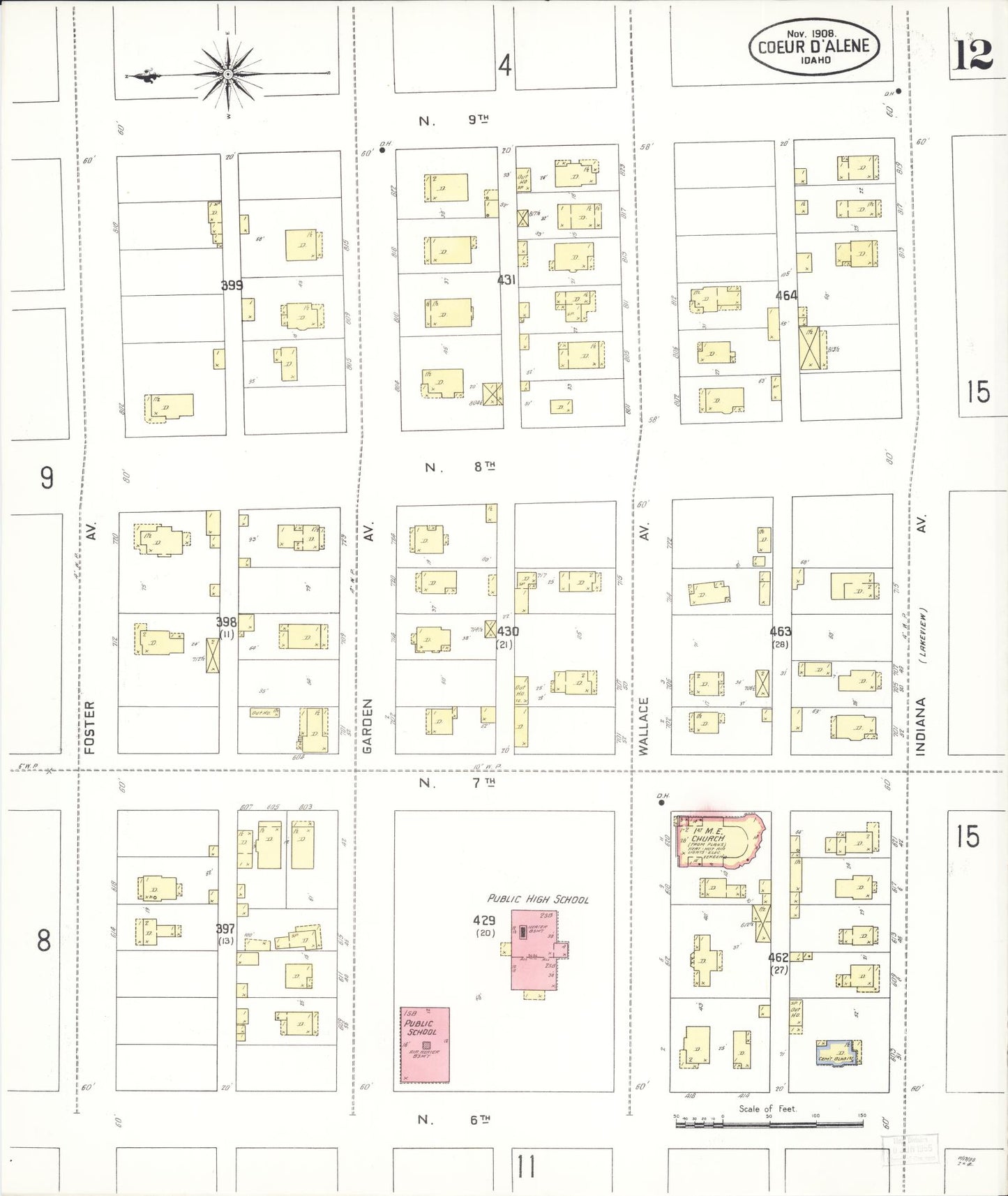 Sanborn Fire Insurance Map from Coeur D'alene, Kootenai County, Idaho (1908), Sheet #0012 - Complete Map Set gallery image, historic Sanborn map, vintage wall art, Idaho Idaho