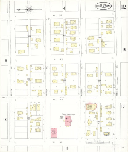 Sanborn Fire Insurance Map from Coeur D'alene, Kootenai County, Idaho (1908), Sheet #0012 - Complete Map Set gallery image, historic Sanborn map, vintage wall art, Idaho Idaho