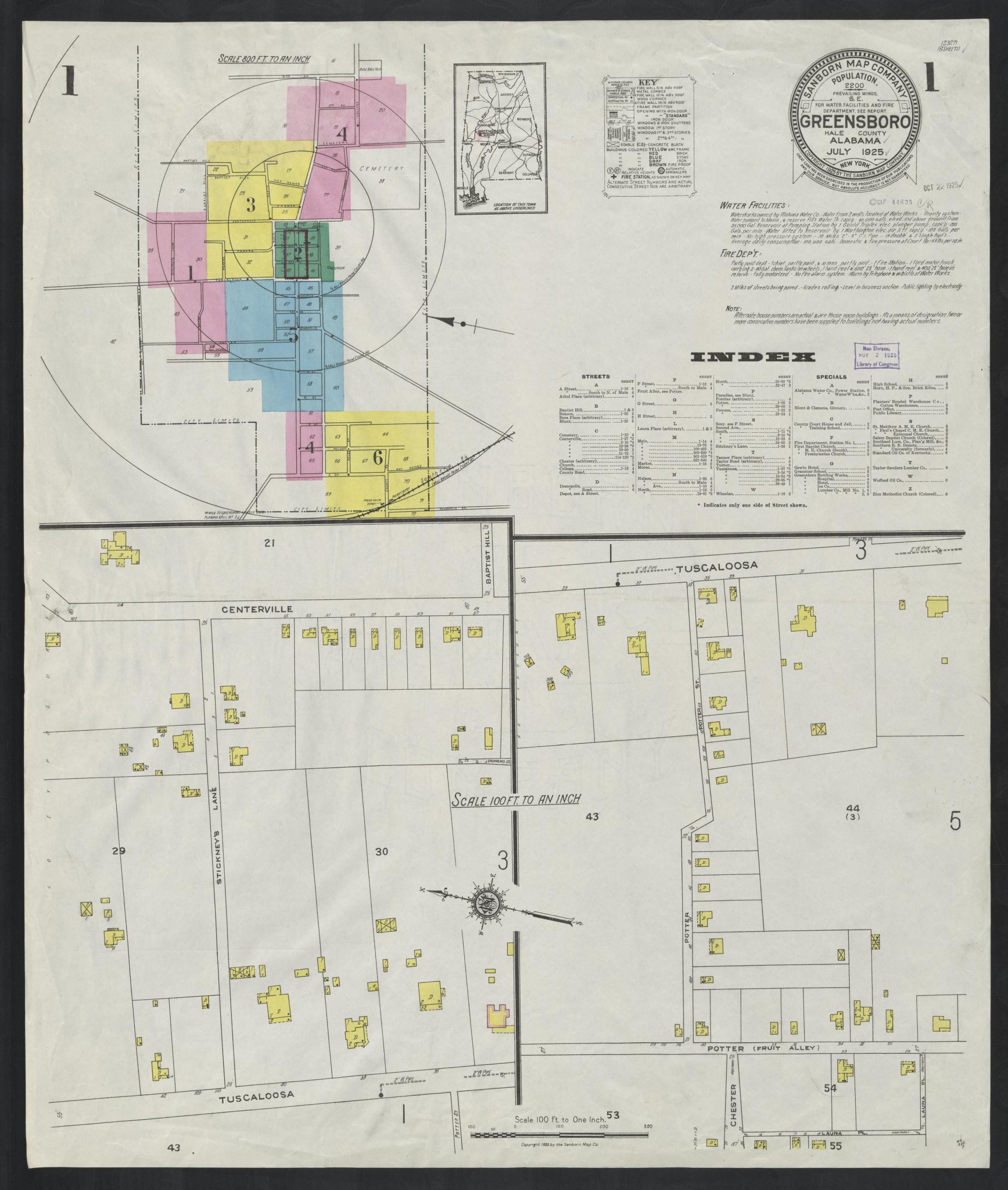 Sanborn Fire Insurance Map from Greensboro, Hale County, Alabama (1925), Sheet #0001 - Historic Sanborn Fire Insurance Map Print, vintage old map wall art, antique decor, genealogy gift, Alabama Alabama map