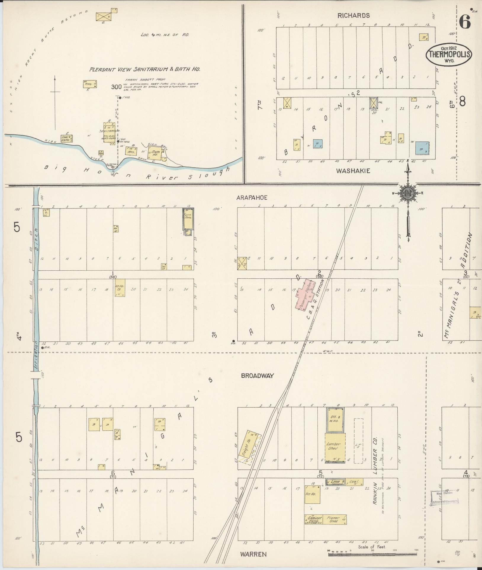 Sanborn Fire Insurance Map from Thermopolis, Hot Springs County, Wyoming (1912), Sheet #0006 - Historic Sanborn Fire Insurance Map Print, vintage old map wall art, antique decor, genealogy gift, Wyoming Wyoming map