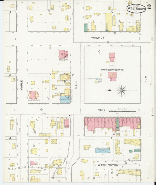 Sanborn Fire Insurance Map from West Union, Fayette County, Iowa (1894), Sheet #0002 - Historic Sanborn Fire Insurance Map Print, vintage old map wall art