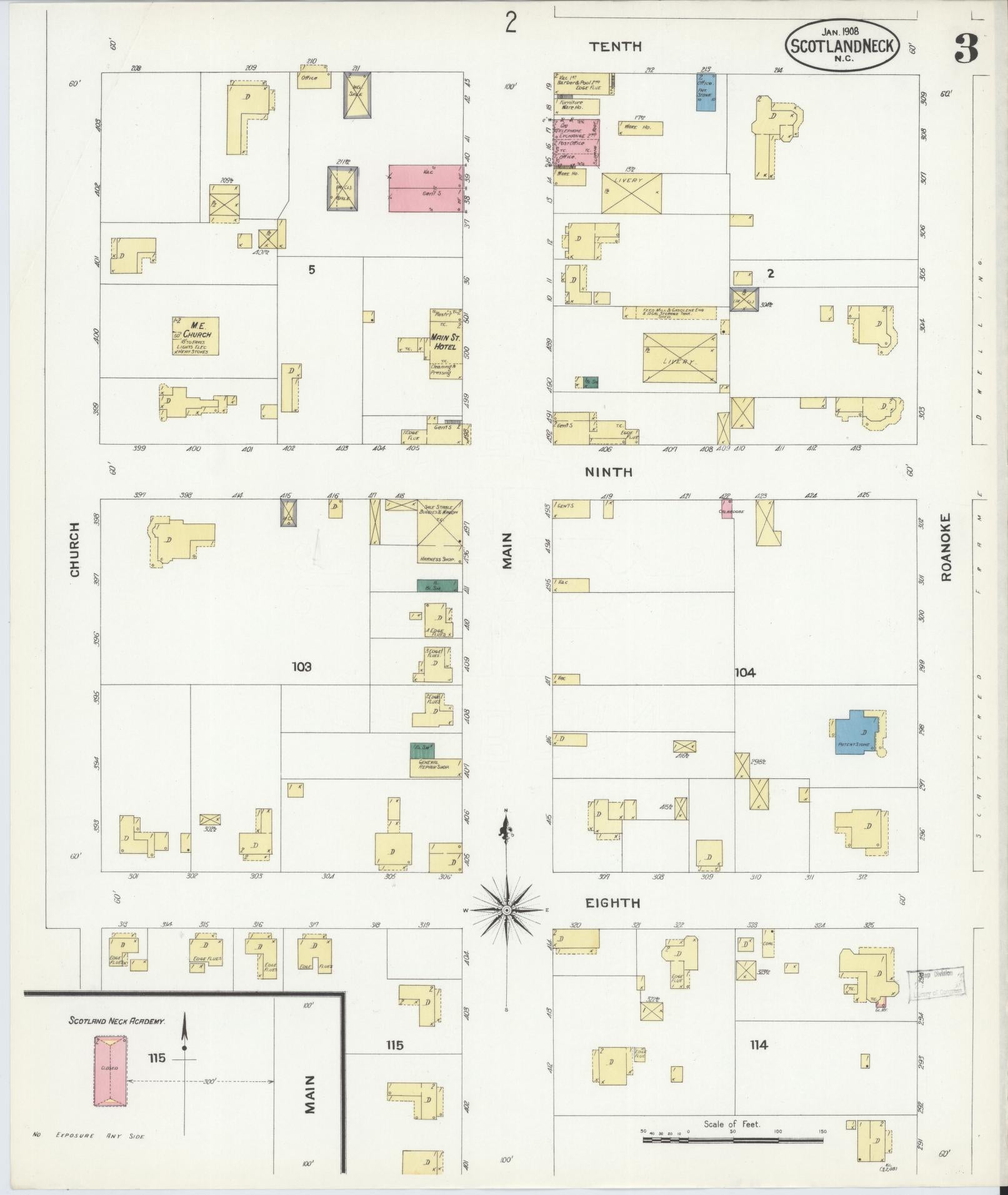 Sanborn Fire Insurance Map from Scotland Neck, Halifax County, North Carolina (1908), Sheet #0003 - Complete Map Set gallery image, historic Sanborn map, vintage wall art, North Carolina North Carolina