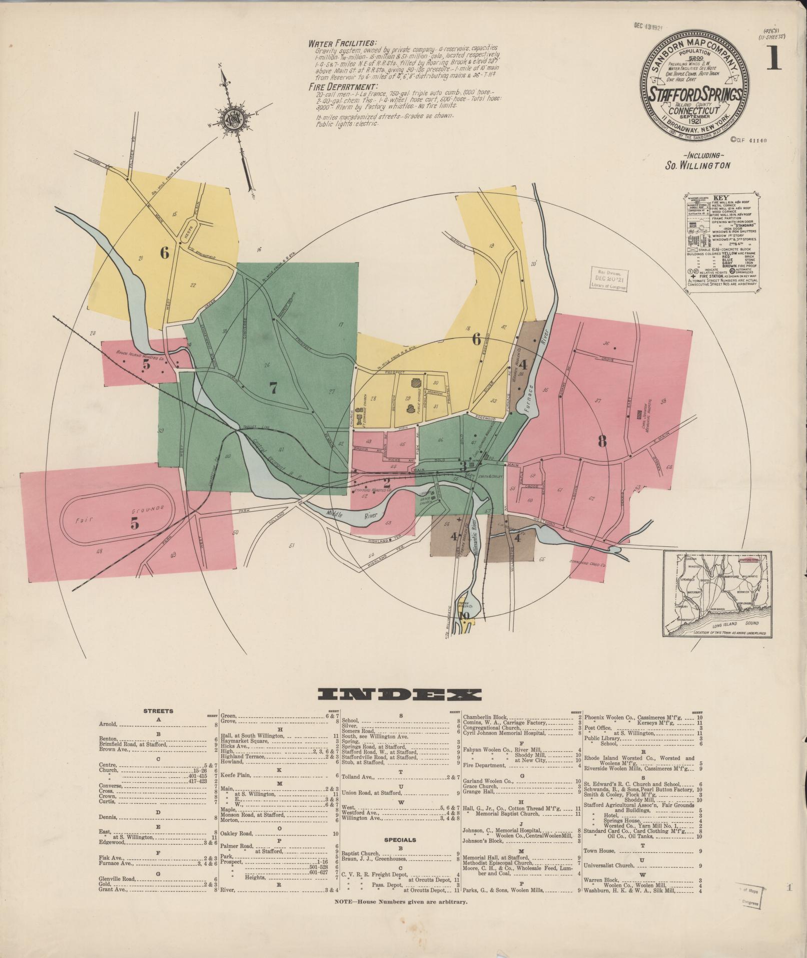 Sanborn Fire Insurance Map from Stafford Springs, Tolland County, Connecticut (1921), Sheet #0001 - Complete Map Set gallery image, historic Sanborn map, vintage wall art, Connecticut Connecticut