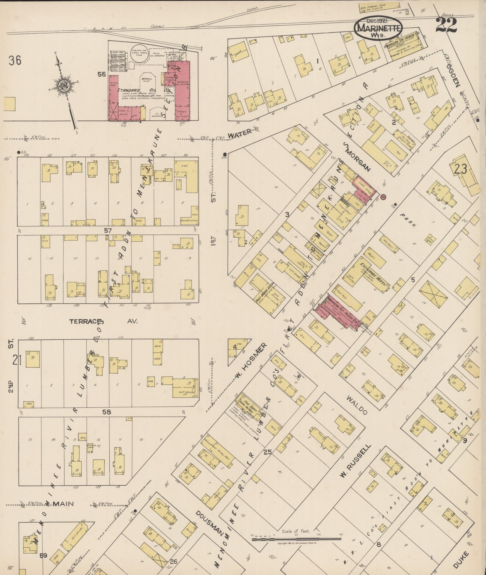 Sanborn Fire Insurance Map from Marinette, Marinette County, Wisconsin (1921), Sheet #0022 - Historic Sanborn Fire Insurance Map Print, vintage old map wall art, antique decor, genealogy gift, Wisconsin Wisconsin map