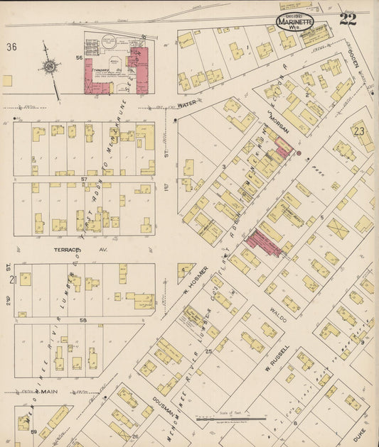 Sanborn Fire Insurance Map from Marinette, Marinette County, Wisconsin (1921), Sheet #0022 - Historic Sanborn Fire Insurance Map Print, vintage old map wall art, antique decor, genealogy gift, Wisconsin Wisconsin map