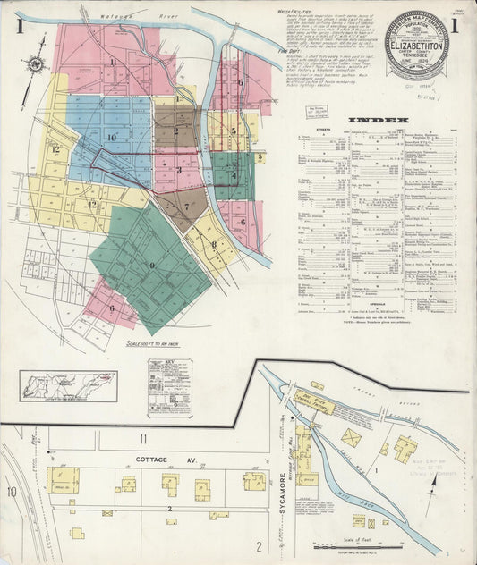 Sanborn Fire Insurance Map from Elizabethton, Carter County, Tennessee (1924), Sheet #0001 - Complete Map Set gallery image, historic Sanborn map, vintage wall art, Tennessee Tennessee