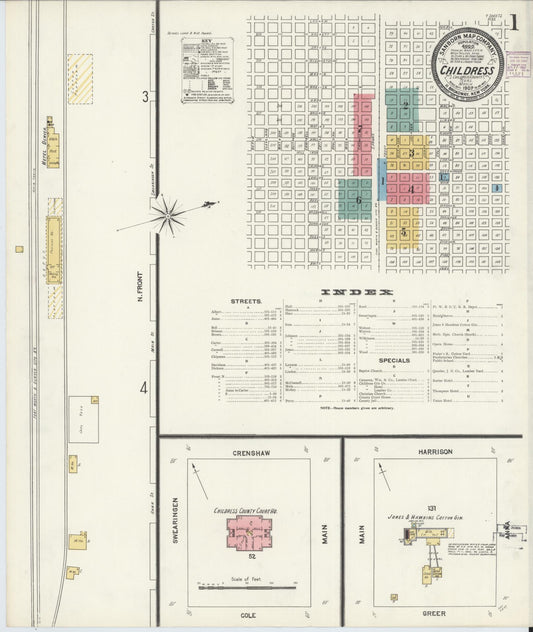 Sanborn Fire Insurance Map from Childress, Childress County, Texas (1907), Sheet #0001 - Historic Sanborn Fire Insurance Map Print, vintage old map wall art, antique decor, genealogy gift, Texas Texas map
