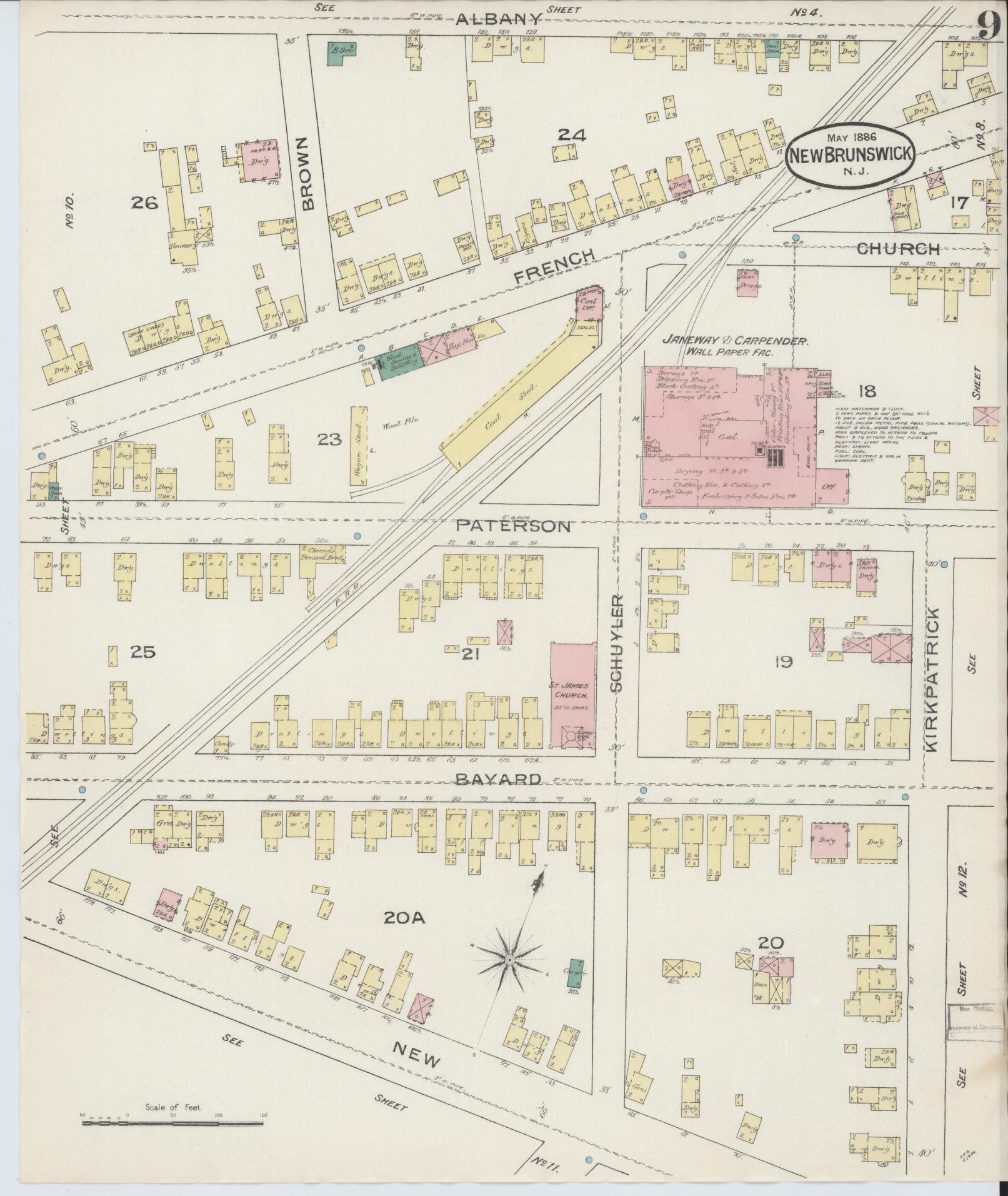 Sanborn Fire Insurance Map from New Brunswick, Middlesex County, New Jersey (1886), Sheet #0009 - Complete Map Set gallery image, historic Sanborn map, vintage wall art, New Jersey New Jersey