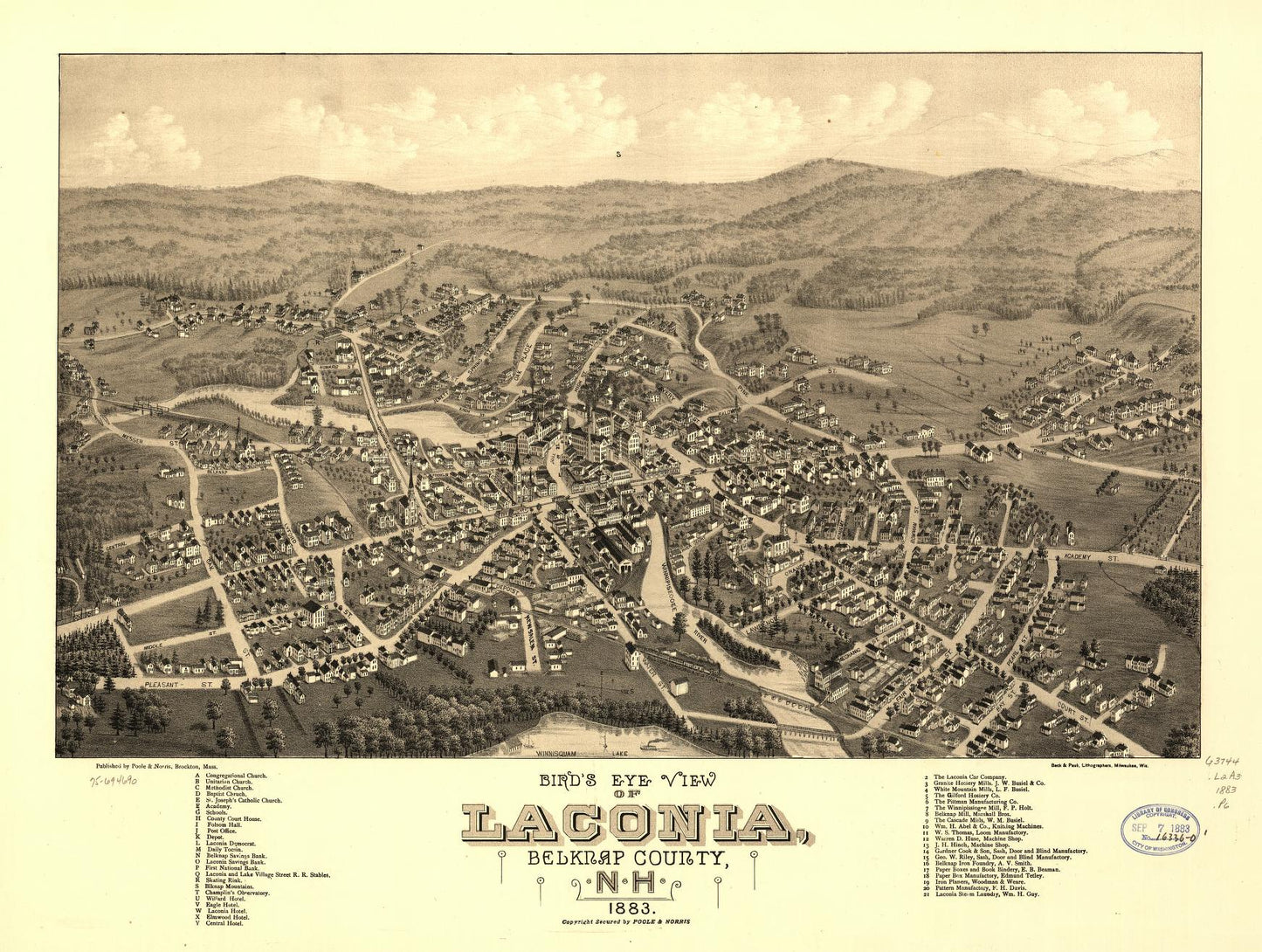 Bird's eye view of Laconia, Belknap County, N.H. 1883. (1883) – Historic Bird’s-Eye View Panorama Print