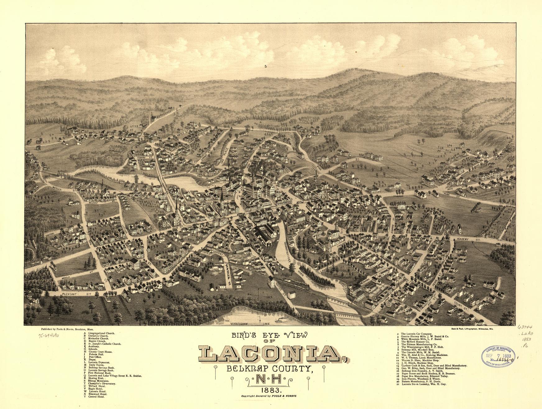 Bird's eye view of Laconia, Belknap County, N.H. 1883. (1883) – Historic Bird’s-Eye View Panorama Print