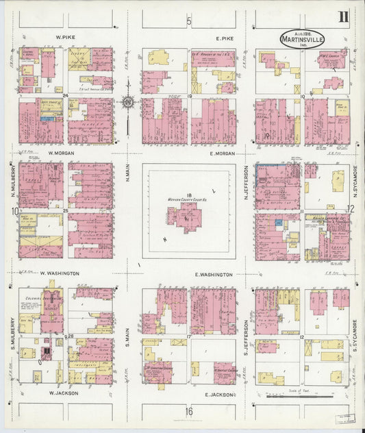 Sanborn Fire Insurance Map from Martinsville, Morgan County, Indiana (1916), Sheet #0011 - Historic Sanborn Fire Insurance Map Print, vintage old map wall art, antique decor, genealogy gift, Indiana Indiana map