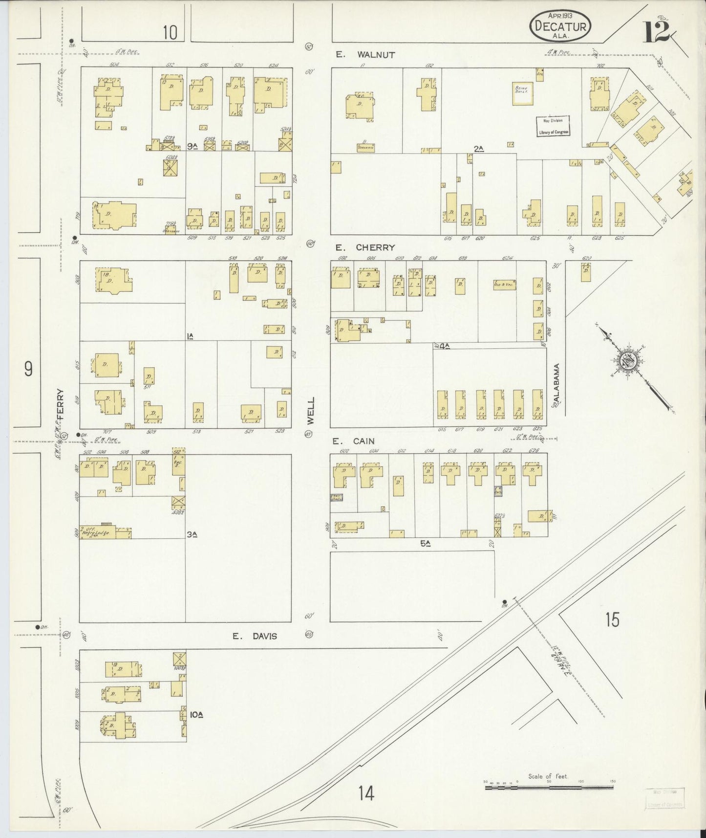 Sanborn Fire Insurance Map from Decatur, Morgan County, Alabama (1913), Sheet #0012 - Historic Sanborn Fire Insurance Map Print, vintage old map wall art, antique decor, genealogy gift, Alabama Alabama map