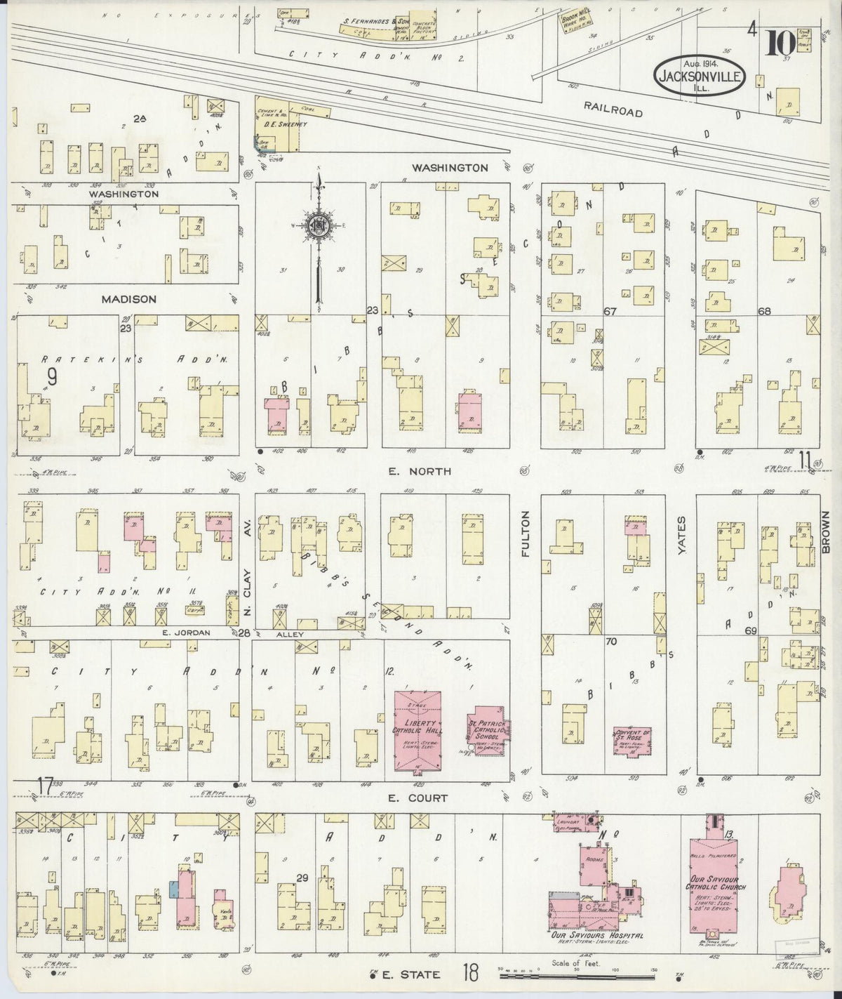 Sanborn Fire Insurance Map from Jacksonville, Morgan County, Illinois (1914), Sheet #0010 - Historic Sanborn Fire Insurance Map Print, vintage old map wall art, antique decor, genealogy gift, Illinois Illinois map