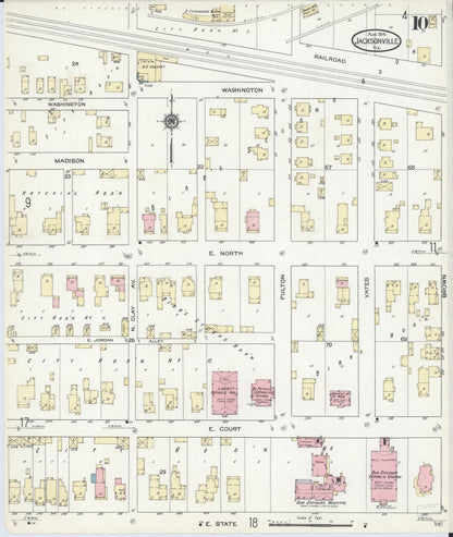 Sanborn Fire Insurance Map from Jacksonville, Morgan County, Illinois (1914), Sheet #0010 - Historic Sanborn Fire Insurance Map Print, vintage old map wall art, antique decor, genealogy gift, Illinois Illinois map