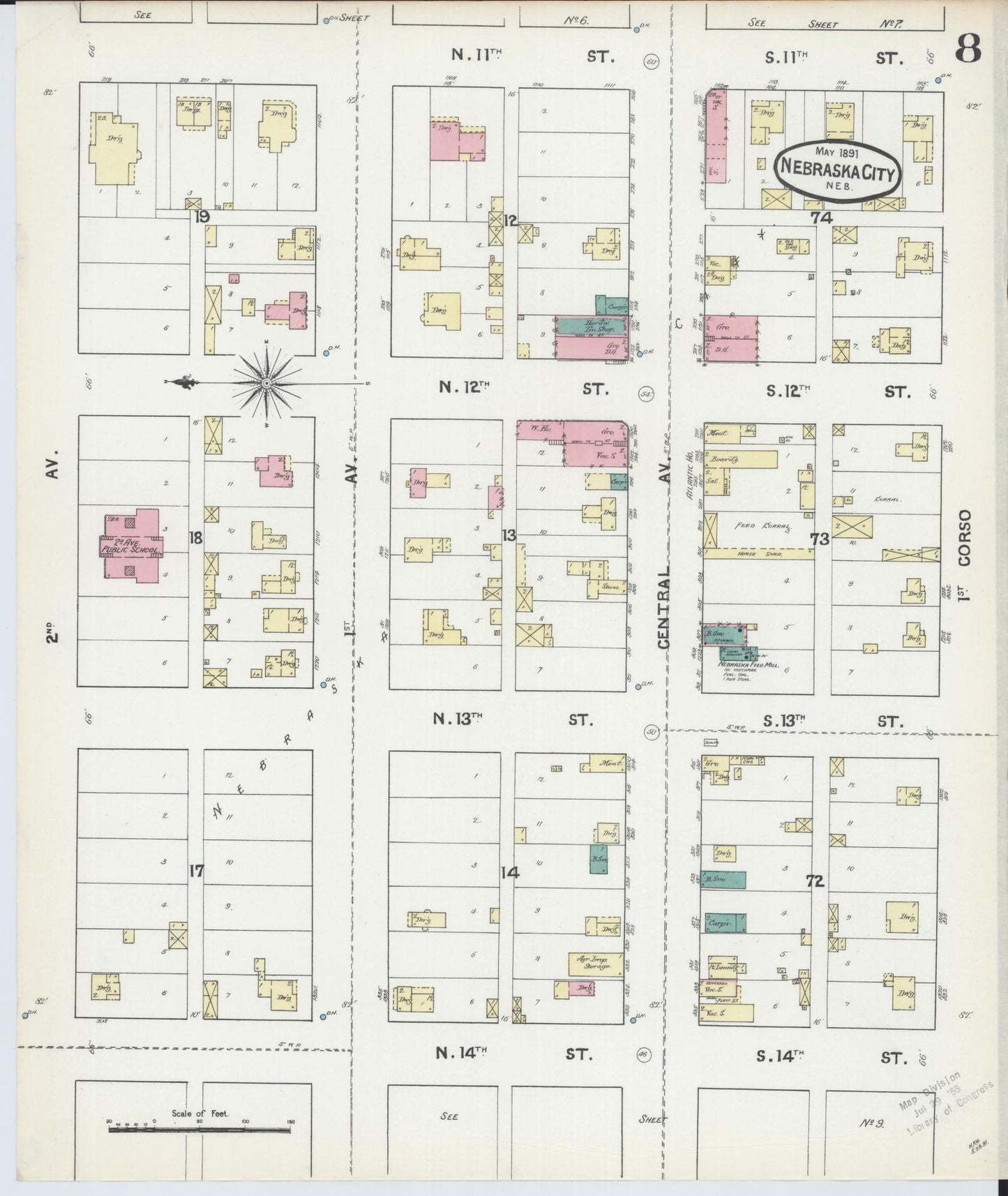 Sanborn Fire Insurance Map from Nebraska City, Otoe County, Nebraska (1891), Sheet #0008 - Historic Sanborn Fire Insurance Map Print, vintage old map wall art, antique decor, genealogy gift, Nebraska Nebraska map