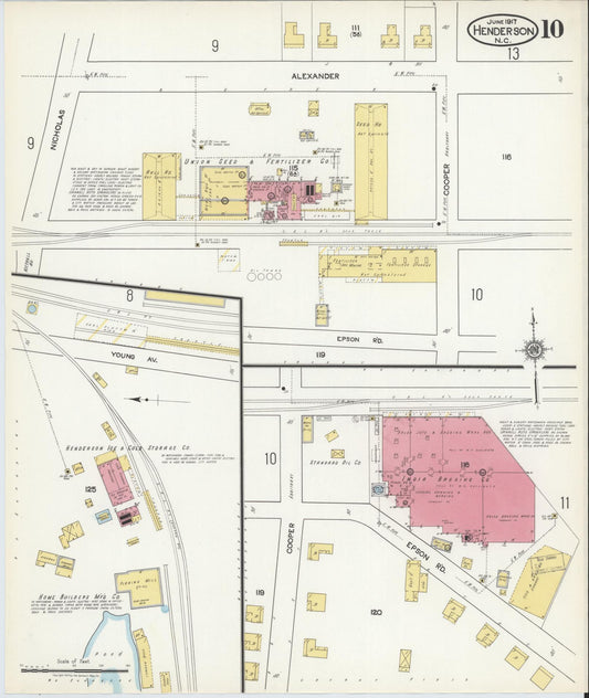 Sanborn Fire Insurance Map from Henderson, Vance County, North Carolina (1917), Sheet #0010 - Historic Sanborn Fire Insurance Map Print, vintage old map wall art, antique decor, genealogy gift, North Carolina North Carolina map