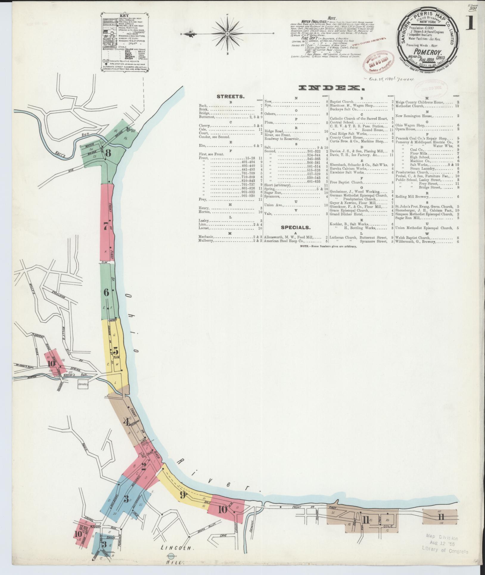Sanborn Fire Insurance Map from Pomeroy, Meigs County, Ohio (1899), Sheet #0001 - Historic Sanborn Fire Insurance Map Print, vintage old map wall art, antique decor, genealogy gift, Ohio Ohio map