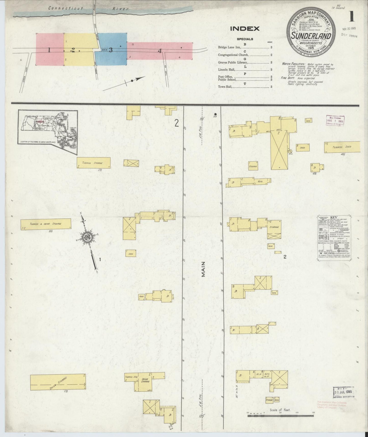 Sanborn Fire Insurance Map from Sunderland, Franklin County, Massachusetts (1915), Sheet #0001 - Historic Sanborn Fire Insurance Map Print, vintage old map wall art, antique decor, genealogy gift, Massachusetts Massachusetts map