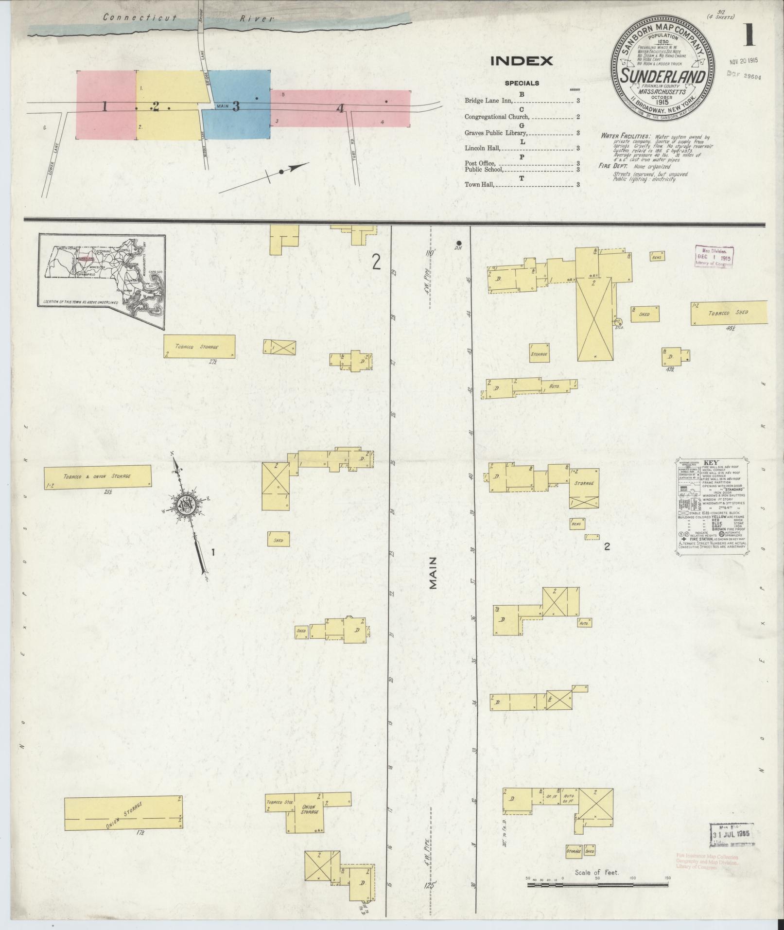 Sanborn Fire Insurance Map from Sunderland, Franklin County, Massachusetts (1915), Sheet #0001 - Historic Sanborn Fire Insurance Map Print, vintage old map wall art, antique decor, genealogy gift, Massachusetts Massachusetts map