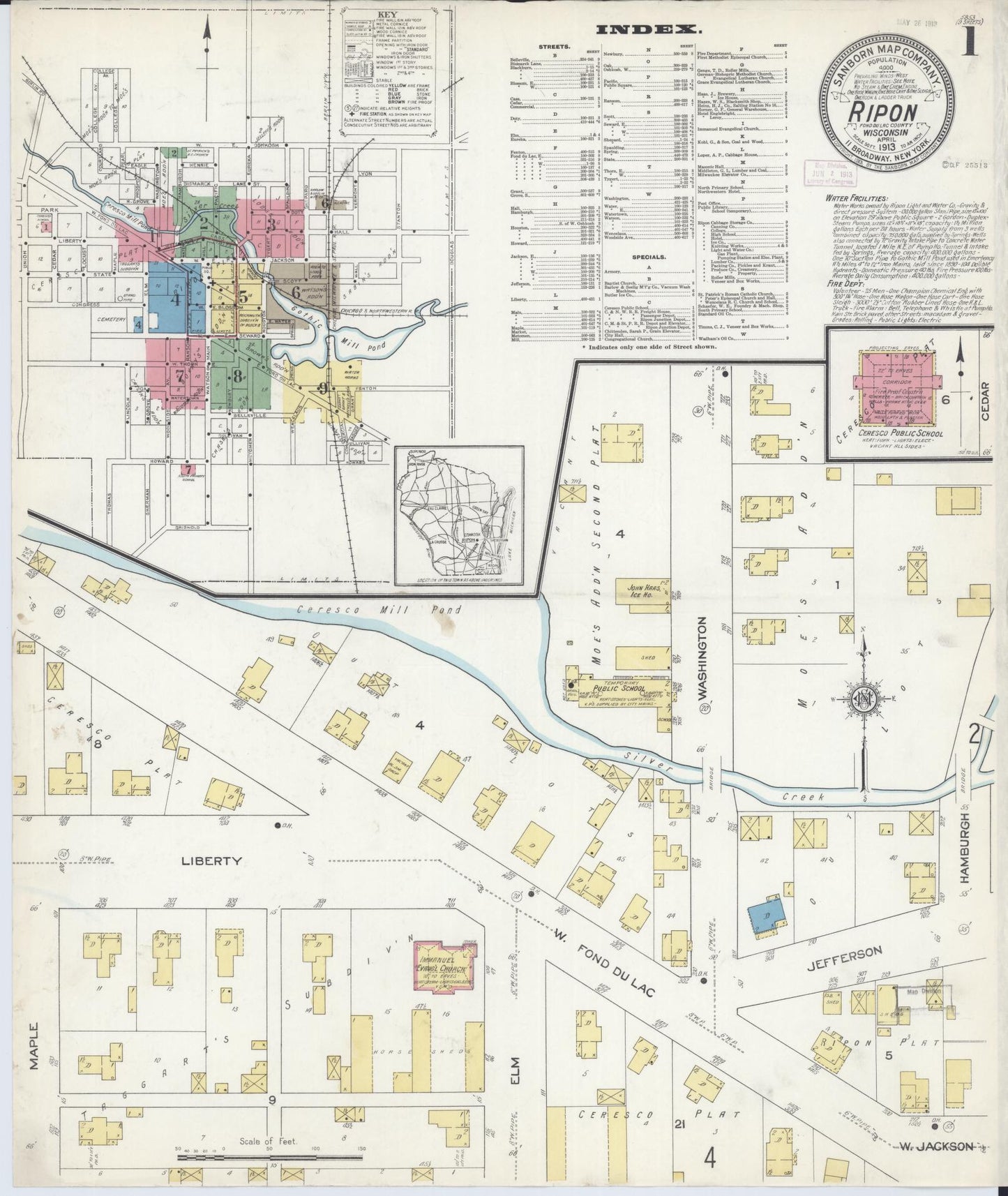 Sanborn Fire Insurance Map from Ripon, Fond du Lac County, Wisconsin (1913), Sheet #0001 - Historic Sanborn Fire Insurance Map Print, vintage old map wall art, antique decor, genealogy gift, Wisconsin Wisconsin map