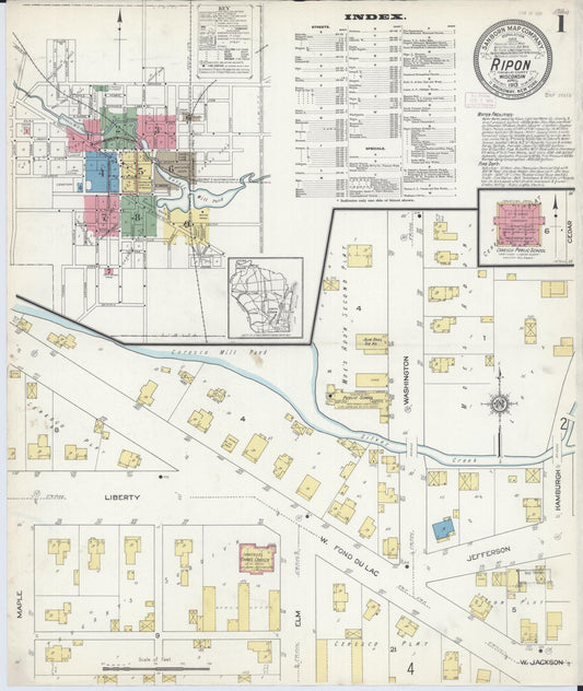 Sanborn Fire Insurance Map from Ripon, Fond du Lac County, Wisconsin (1913), Sheet #0001 - Historic Sanborn Fire Insurance Map Print, vintage old map wall art, antique decor, genealogy gift, Wisconsin Wisconsin map