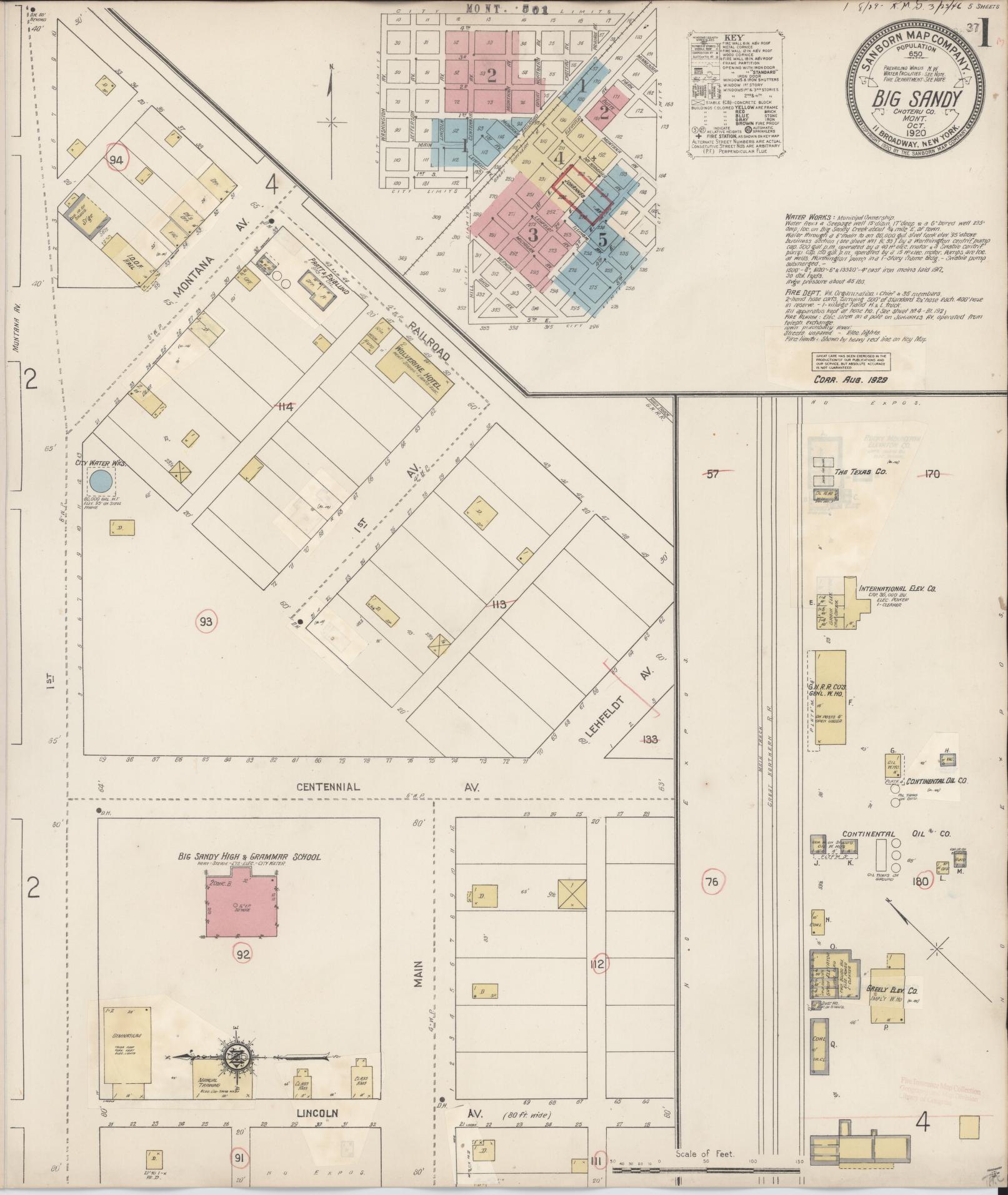 Sanborn Fire Insurance Map from Big Sandy, Chouteau County, Montana (1929), Sheet #0001 - Historic Sanborn Fire Insurance Map Print, vintage old map wall art, antique decor, genealogy gift, Montana Montana map