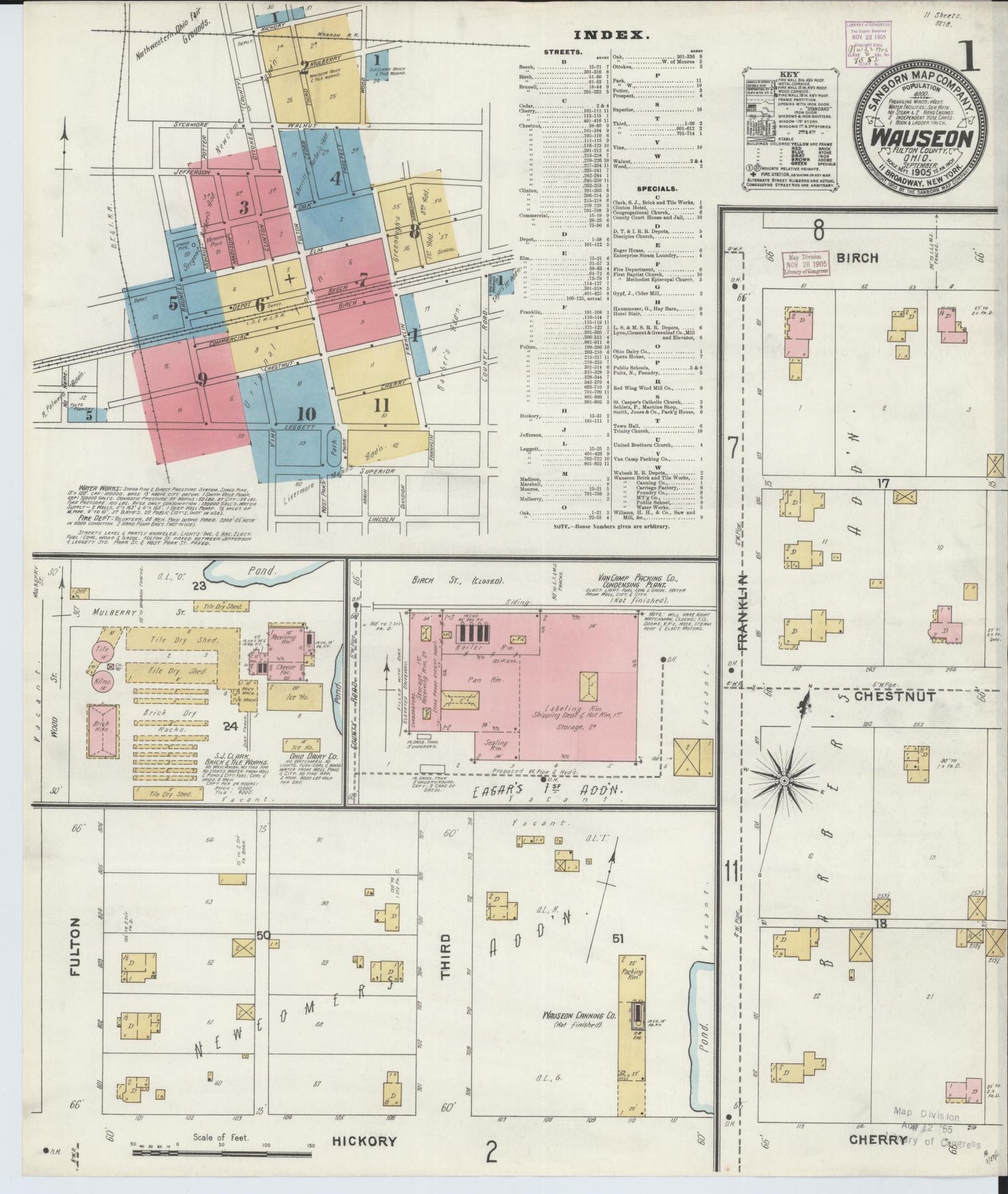 Sanborn Fire Insurance Map from Wauseon, Fulton County, Ohio (1905), Sheet #0001 - Historic Sanborn Fire Insurance Map Print, vintage old map wall art, antique decor, genealogy gift, Ohio Ohio map