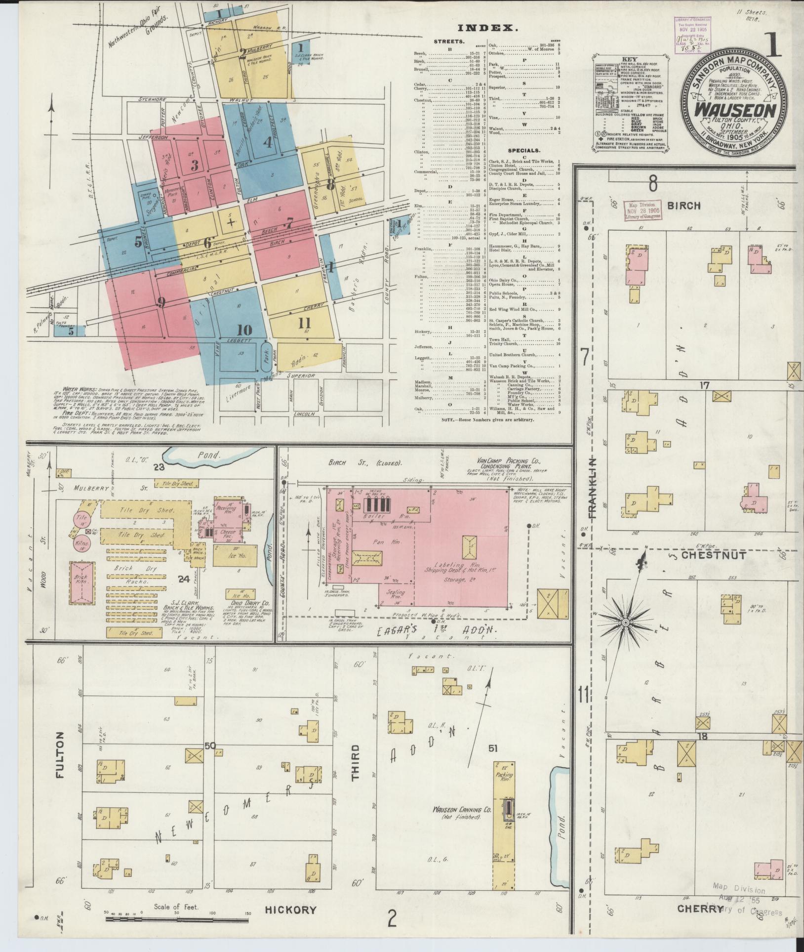 Sanborn Fire Insurance Map from Wauseon, Fulton County, Ohio (1905), Sheet #0001 - Historic Sanborn Fire Insurance Map Print, vintage old map wall art, antique decor, genealogy gift, Ohio Ohio map