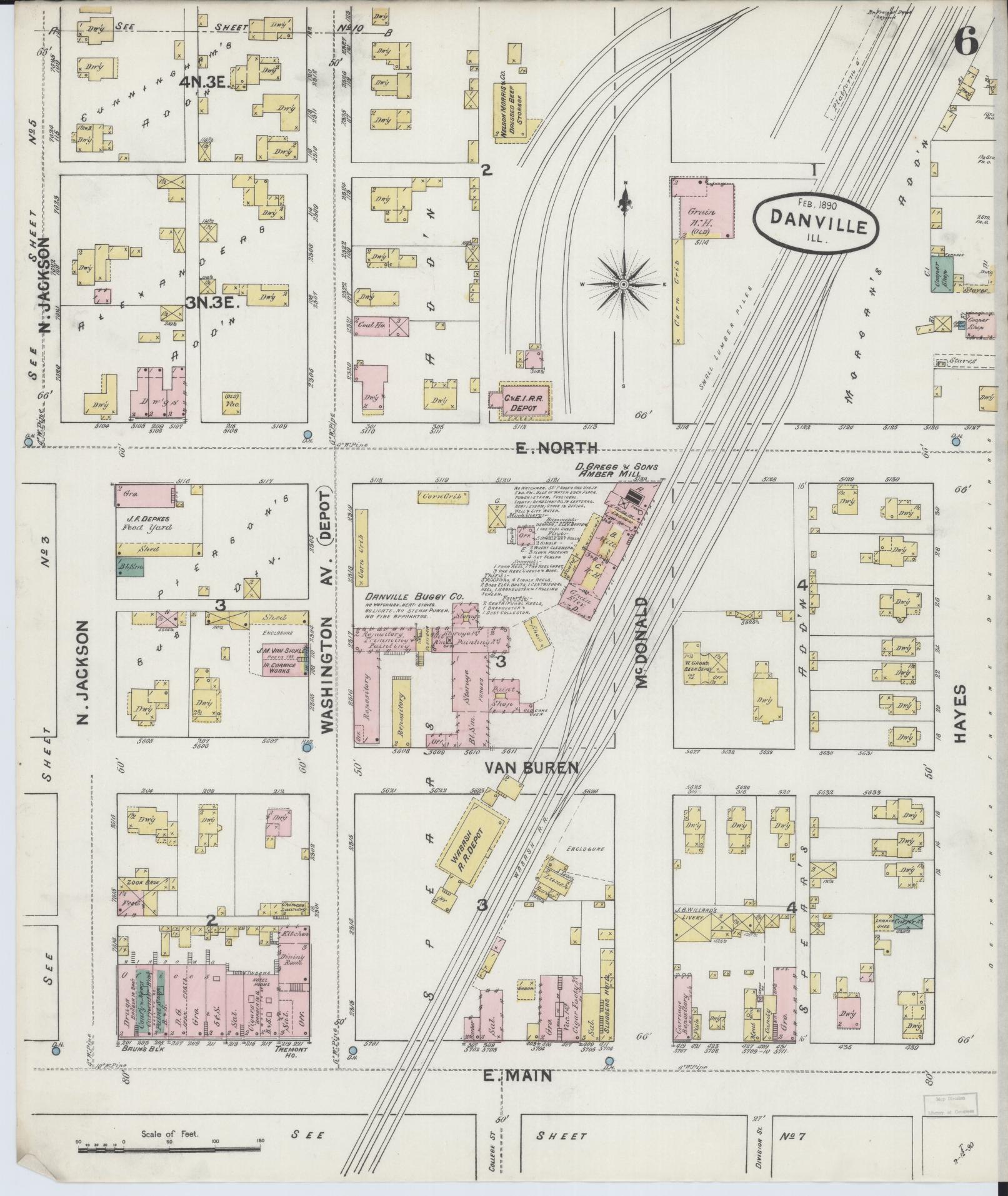 Sanborn Fire Insurance Map from Danville, Vermilion County, Illinois (1890), Sheet #0006 - Complete Map Set gallery image, historic Sanborn map, vintage wall art, Illinois Illinois