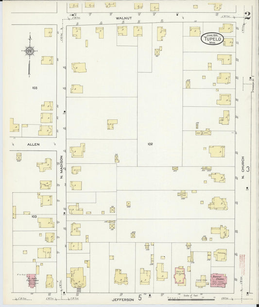 Sanborn Fire Insurance Map from Tupelo, Lee County, Mississippi (1914), Sheet #0002 - Historic Sanborn Fire Insurance Map Print, vintage old map wall art, antique decor, genealogy gift, Mississippi Mississippi map