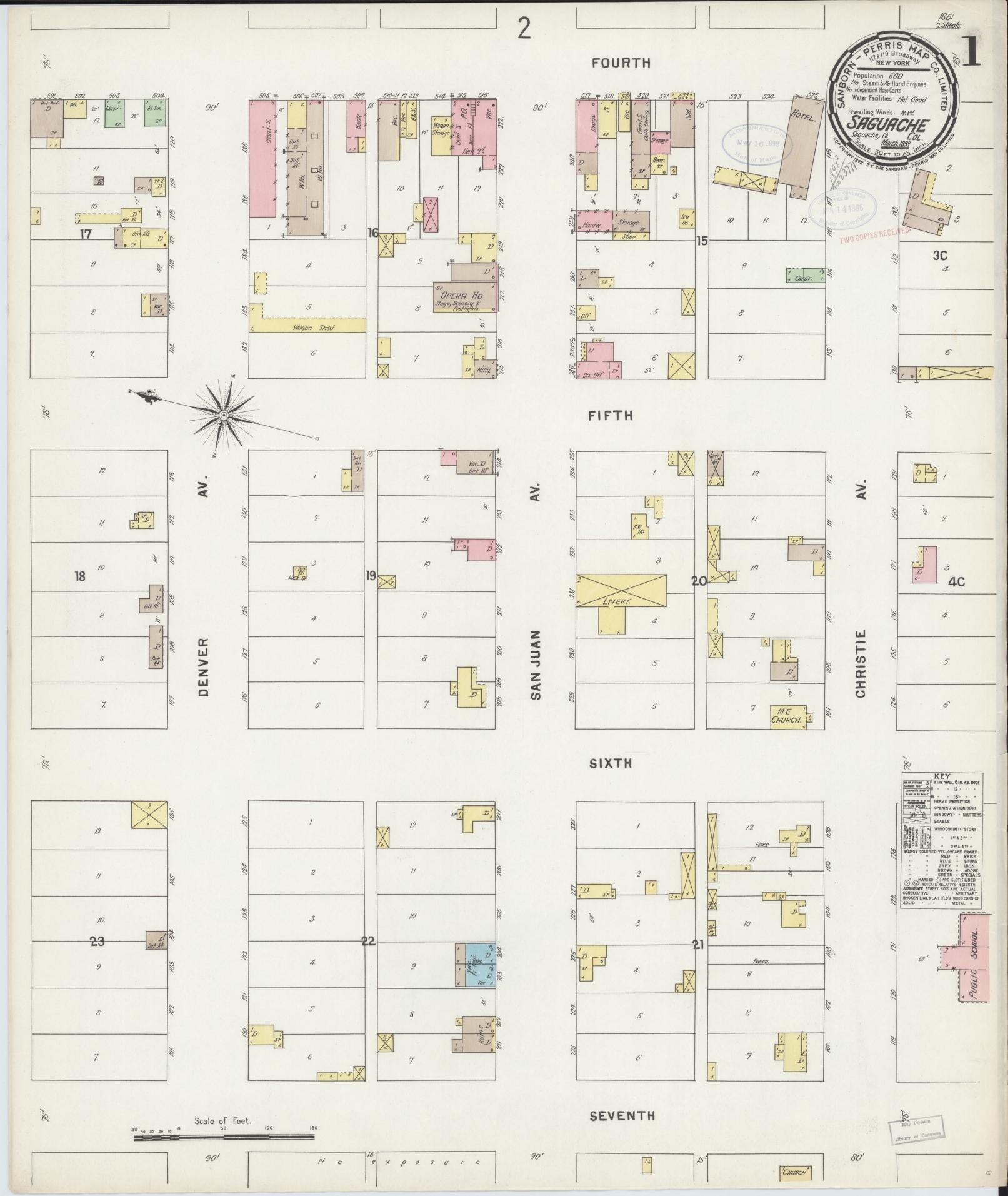 Sanborn Fire Insurance Map from Saguache, Saguache County, Colorado (1898), Sheet #0001 - Complete Map Set gallery image, historic Sanborn map, vintage wall art, Colorado Colorado